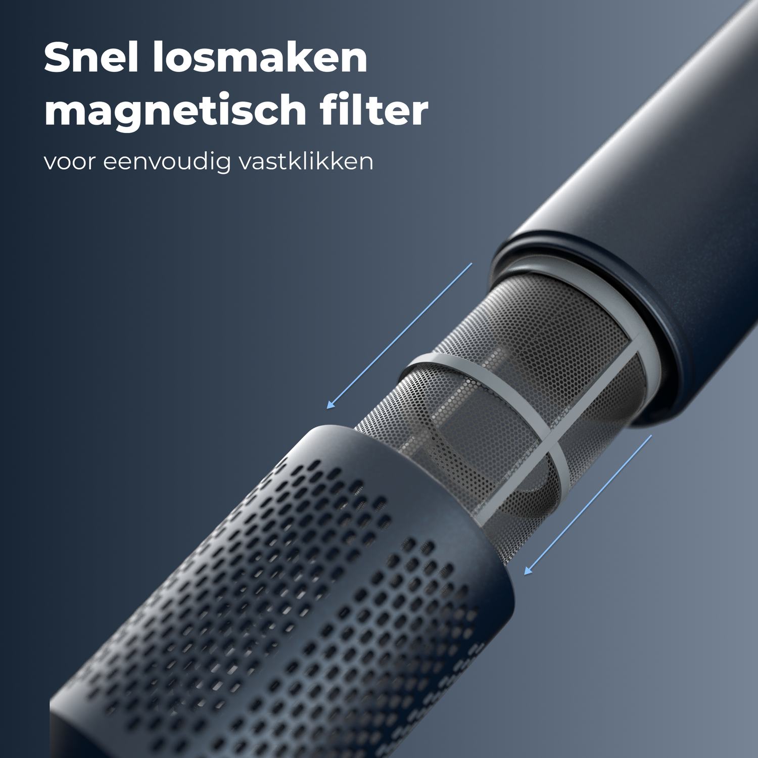 Close-up of a dark blue device with a magnetic filter. Arrows indicate the filter being removed. Text in Dutch at the top.