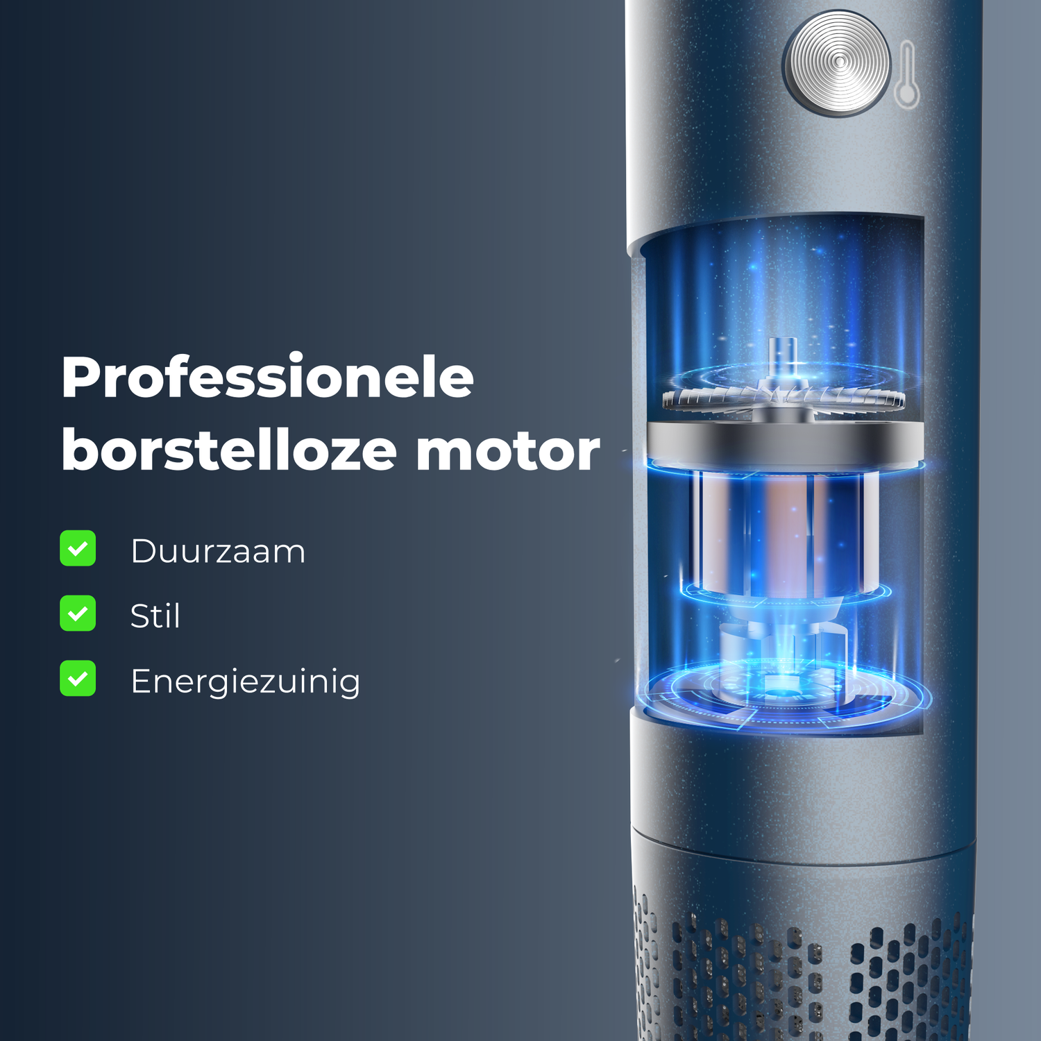 An air purifier's internal structure is shown with a blue glow. Text says 'Professional brushless motor', with checkmarks next to its features.