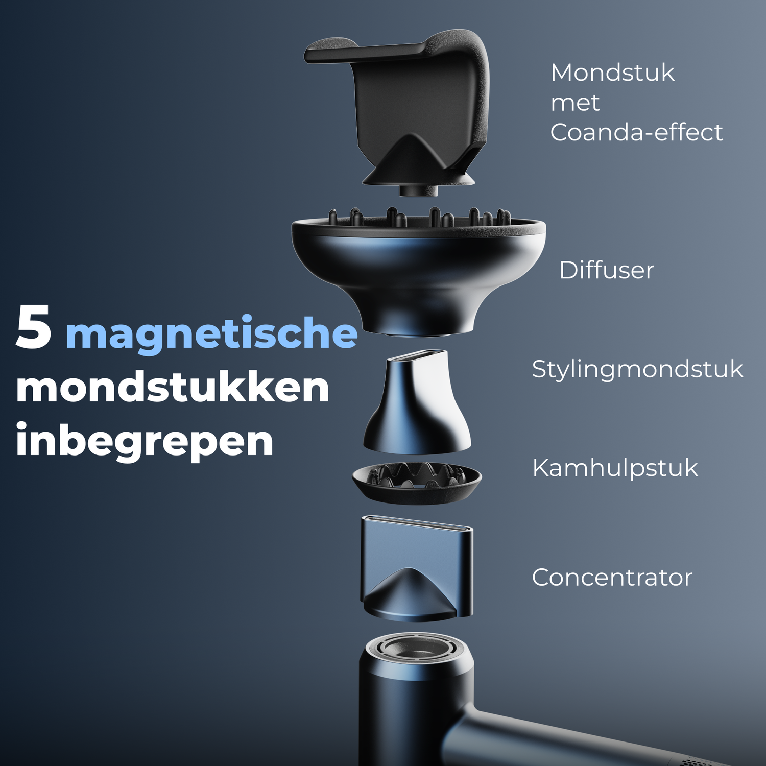 An exploded view of a black hair dryer with 5 magnetic attachments. The attachments include a concentrator, diffuser, and styling nozzles.