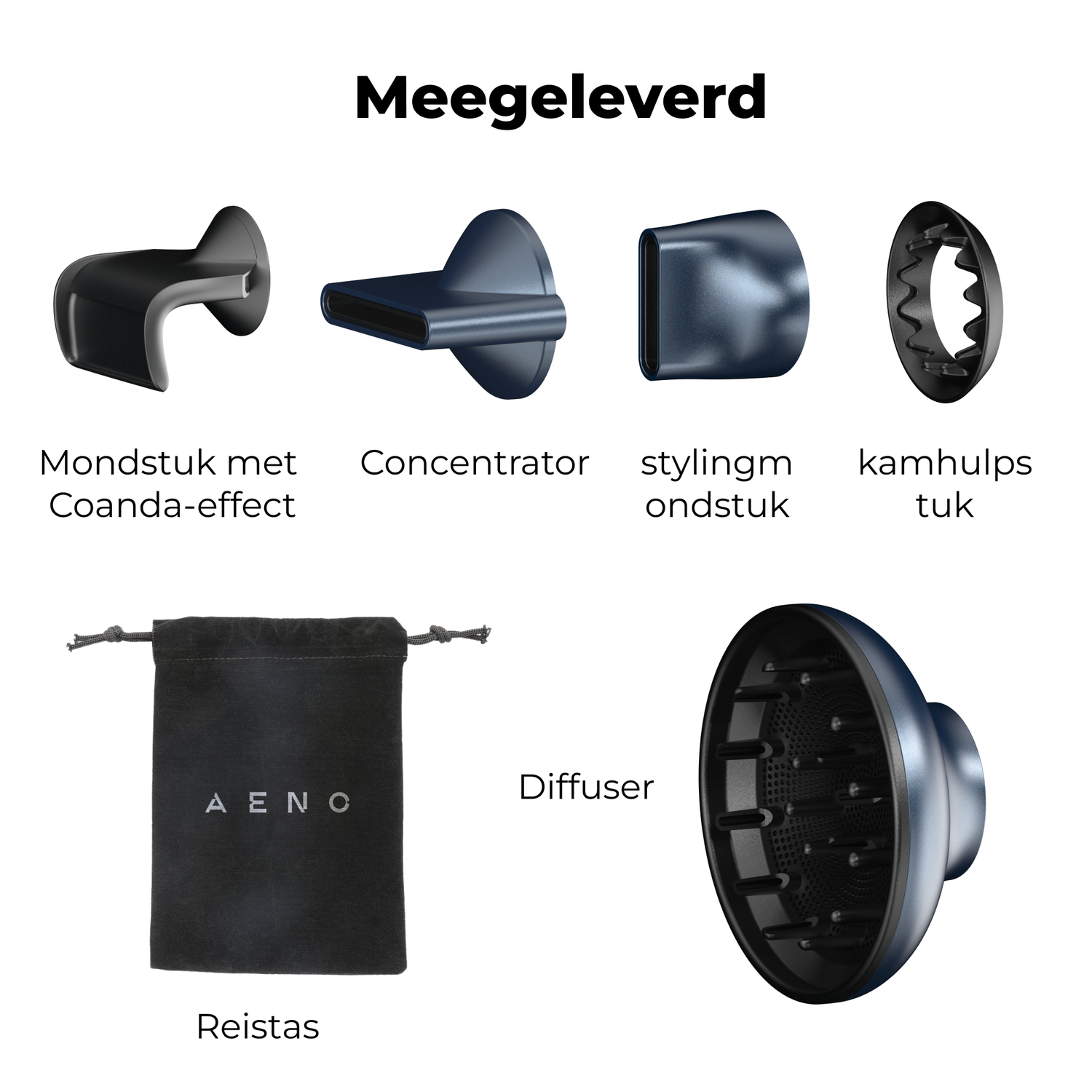 Image shows hair dryer attachments: nozzle, concentrator, styling nozzle, comb, diffuser, and a black travel bag. All on a white background.