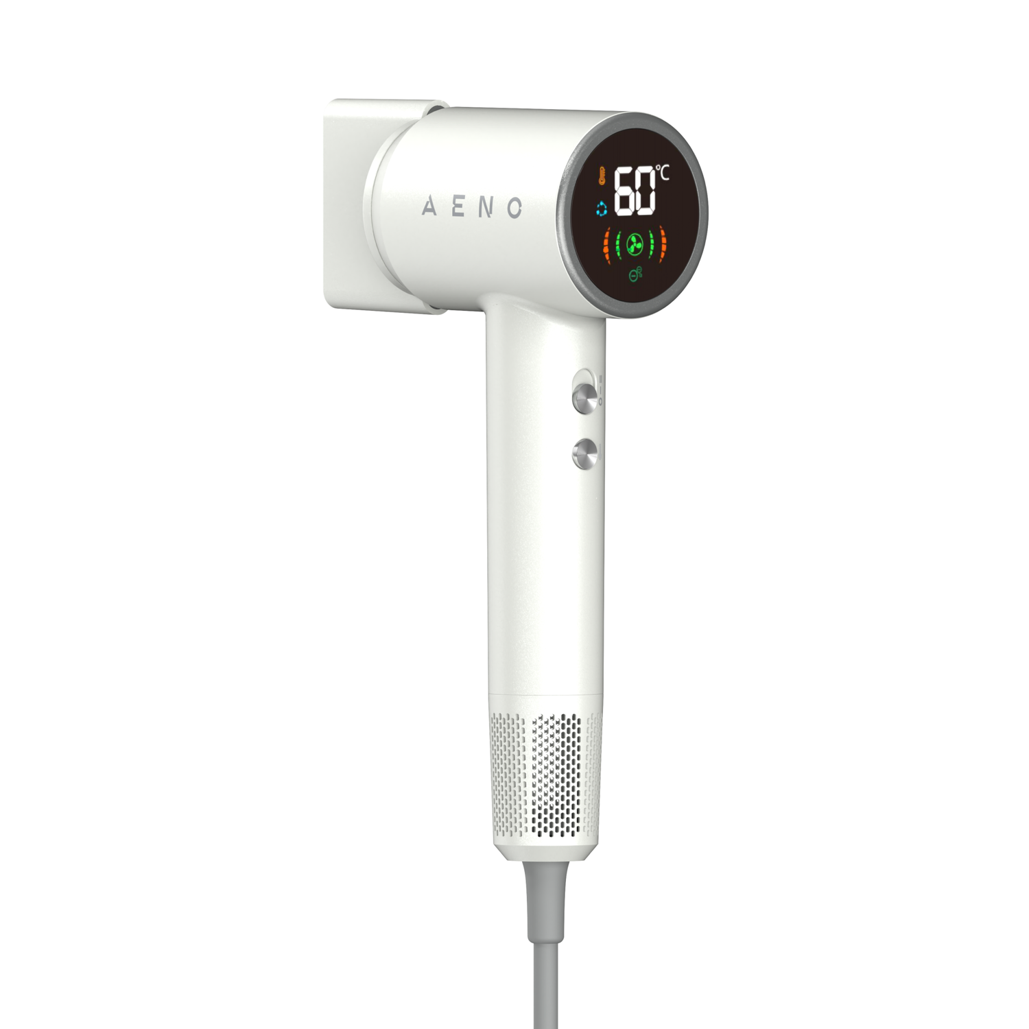 White hair dryer with digital display showing 60°C. The handle has buttons, a vent at the bottom, and a gray power cord.