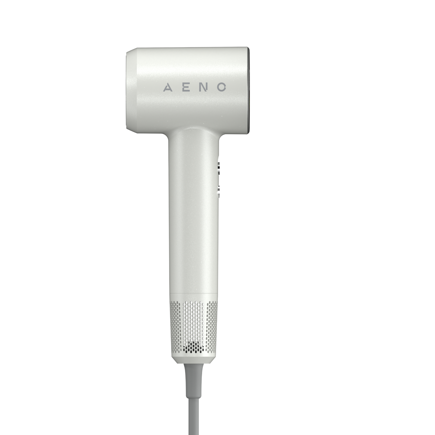 A white hair dryer with the word "AENO" on it is displayed against a white background. A gray power cord extends from the dryer.