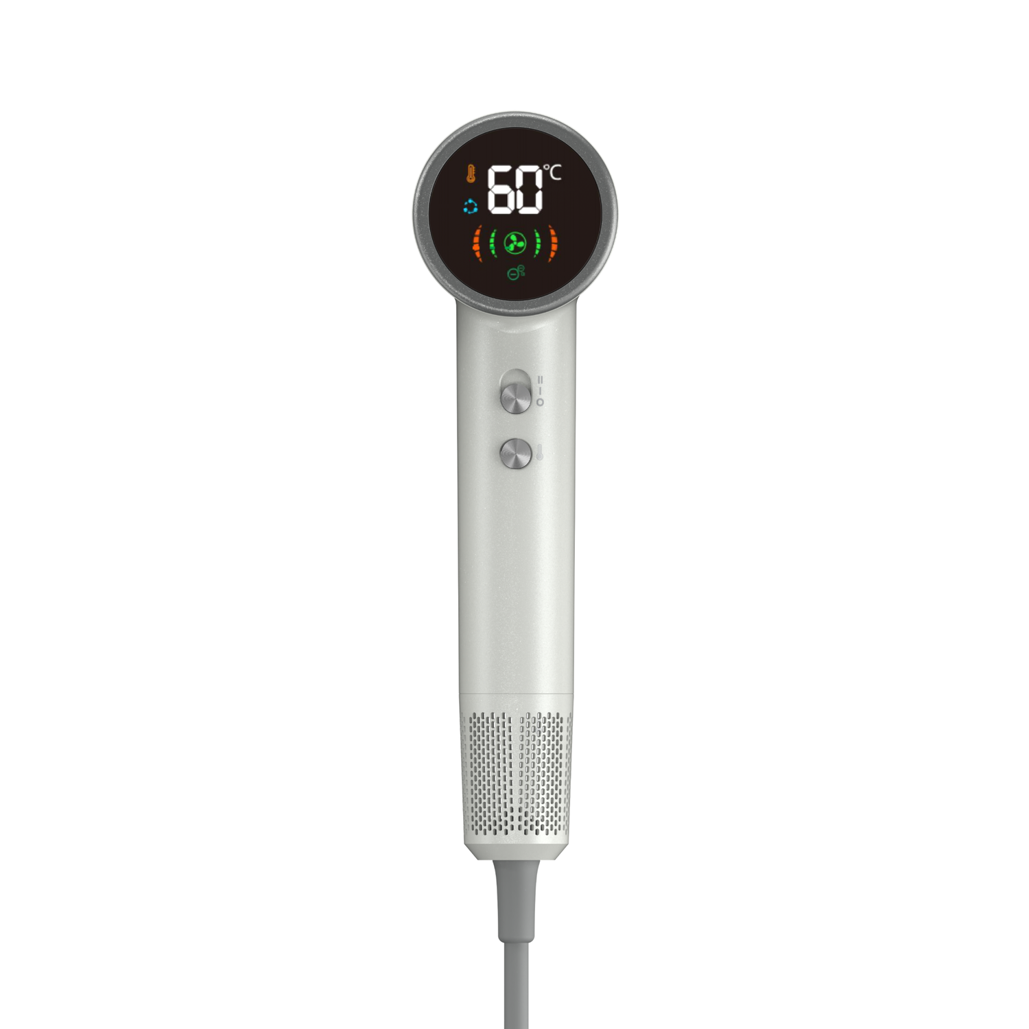 A white hair dryer with a digital display showing 60 degrees Celsius. It has two buttons and a perforated bottom. A gray cord extends down.