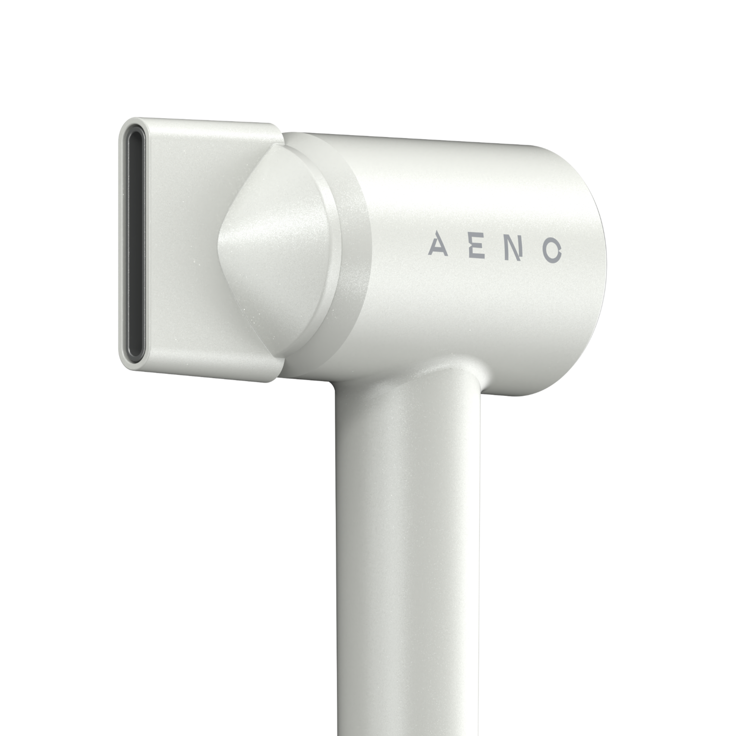 A white hairdryer with the brand name 'AENO'. The design is modern, with a rectangular nozzle and a cylindrical body, on a white background.