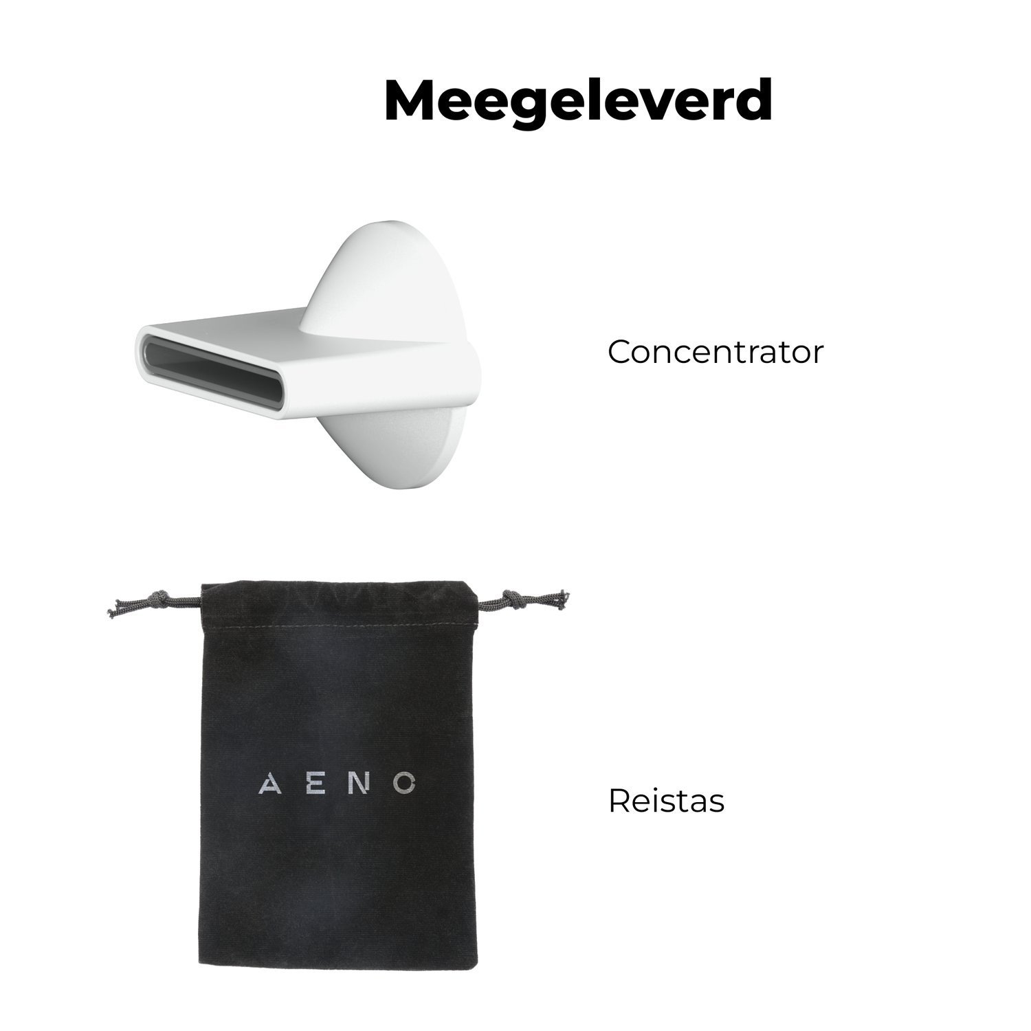 White hair dryer attachment and black bag with 'AENO' text on a white background. Text says 'Megeleverd', 'Concentrator', and 'Reistas'.