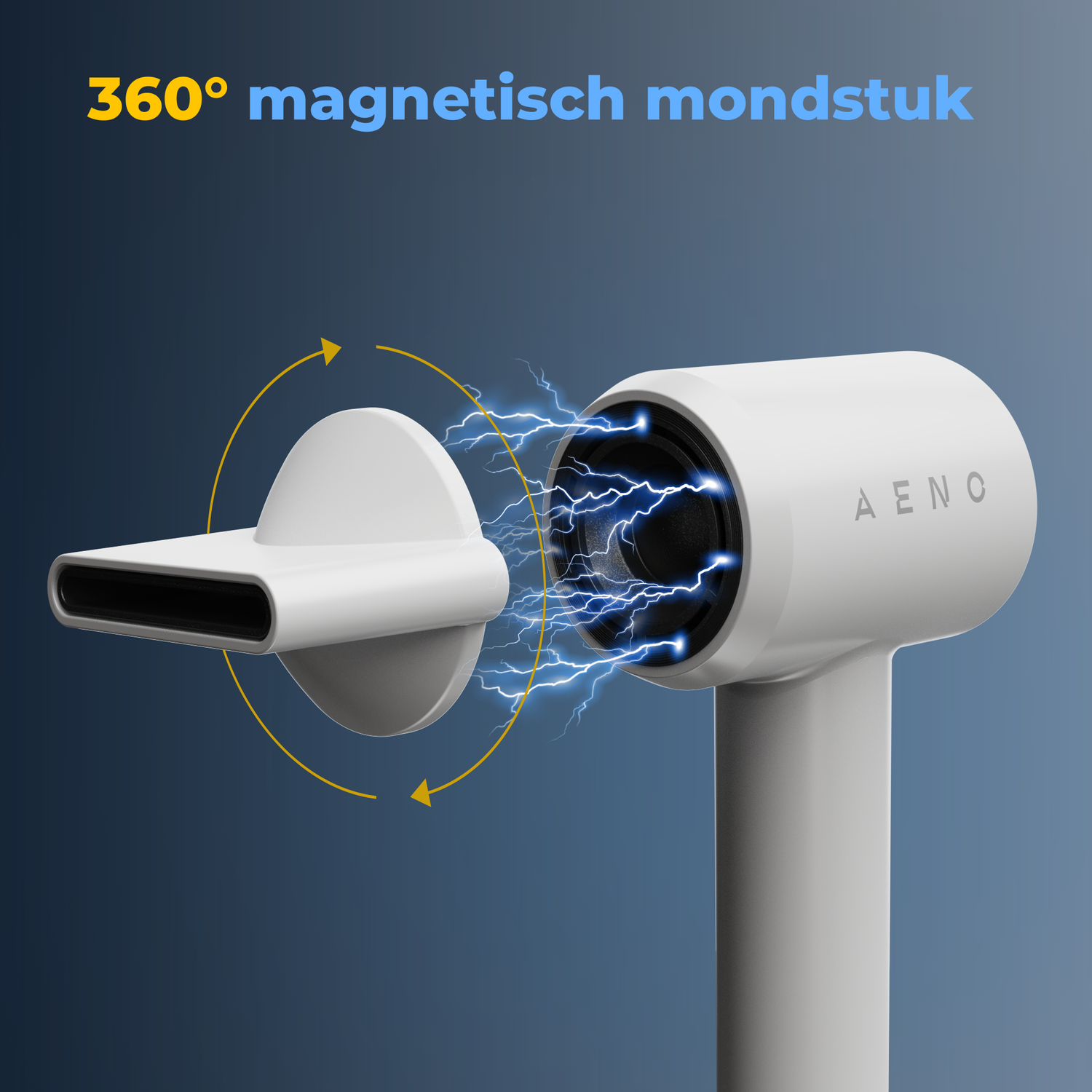 A white hairdryer with a magnetic nozzle and electric sparks, labeled 'AENO'. Text at the top says '360° magnetic nozzle'.