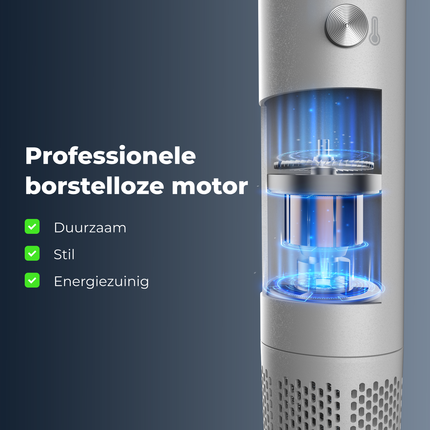 An air purifier illustration. It shows internal components with blue light effects. Text highlights 'professional brushless motor', durable, quiet, and energy-efficient.