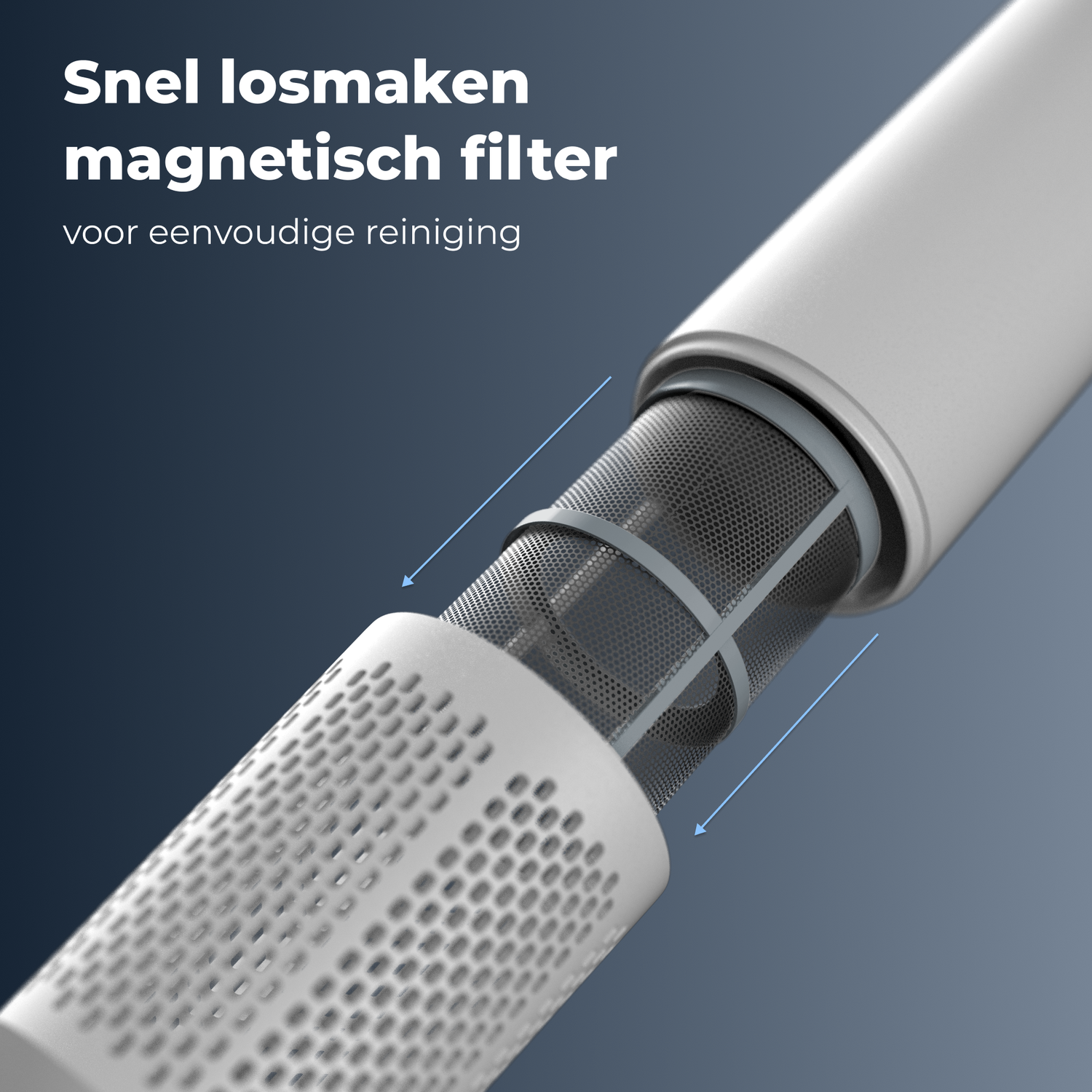 A close-up shows a magnetic filter being removed. It's white with perforations. The filter is gray. Text in Dutch says 'Easy to remove'.