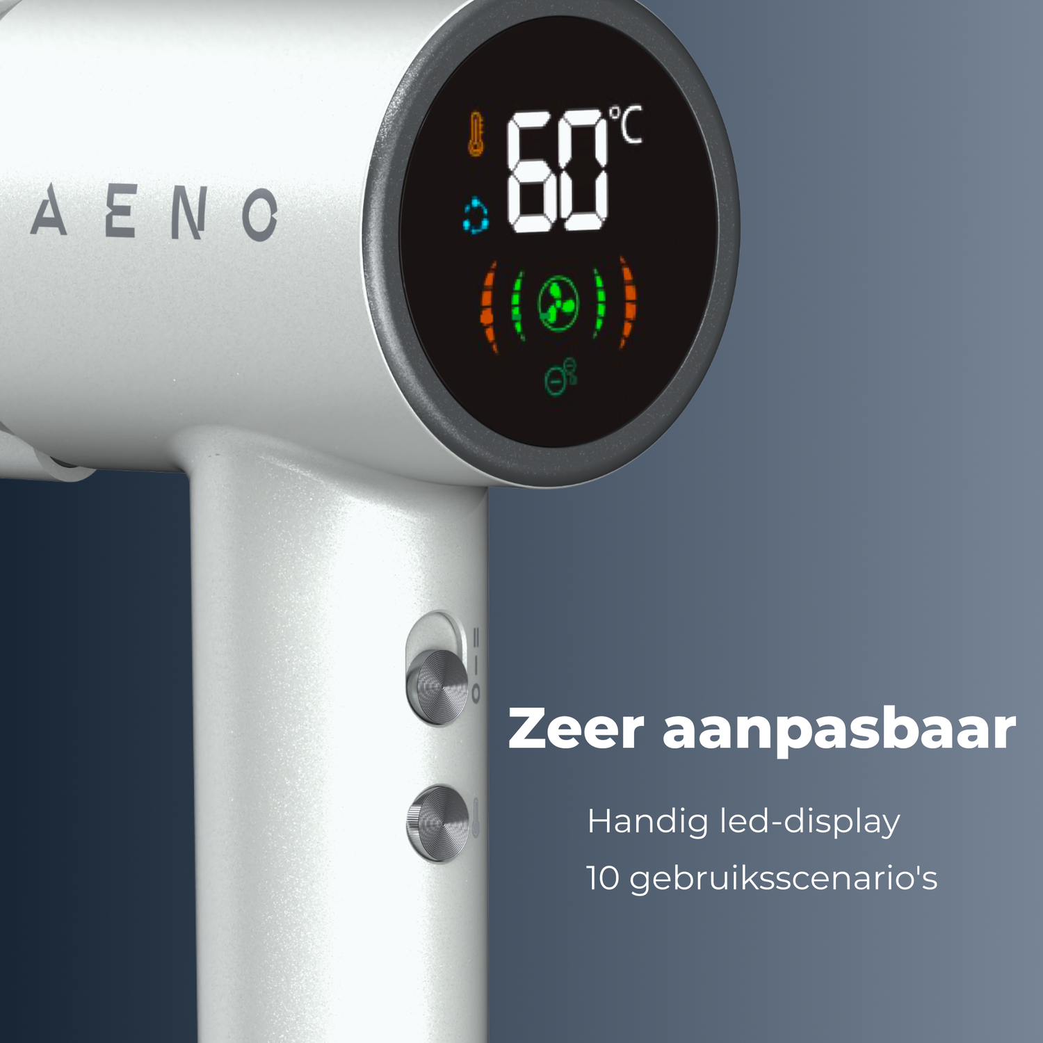 A white hair dryer with a digital display showing 60°C. It has buttons and the word 'AENO' is visible. Text says 'Very customizable'.