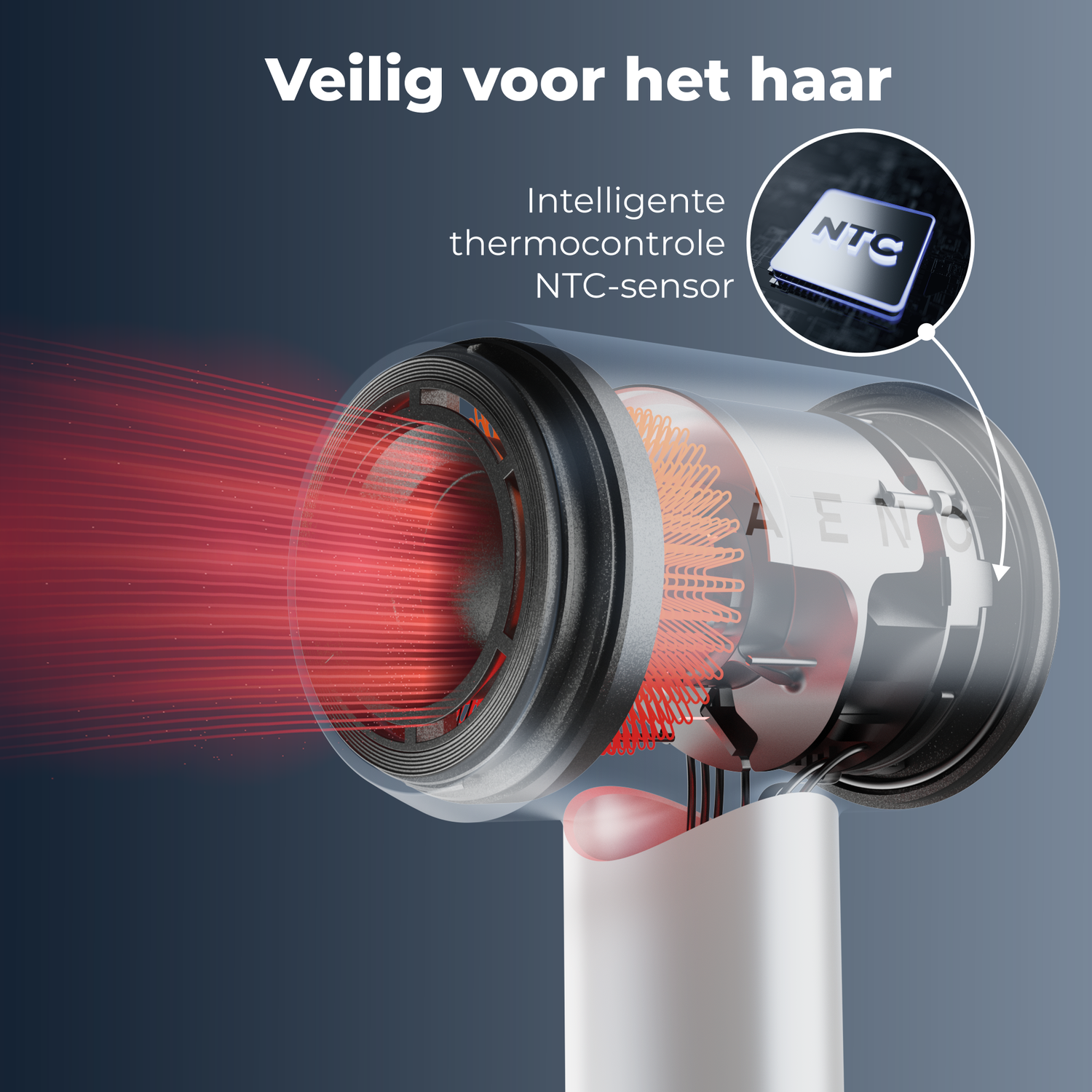 Diagram of a hair dryer showing internal components, red heat, and an NTC sensor. Text says 'Safe for hair' and 'Intelligent thermocontrol'.