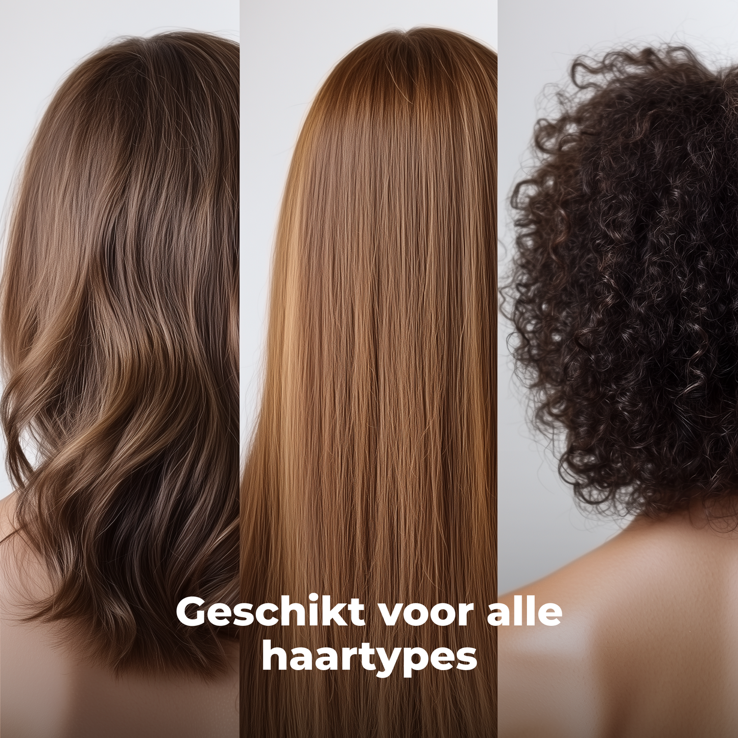Three women's backs showcasing different hair types: wavy brown, straight auburn, and curly black. Text says 'Suitable for all hair types'.