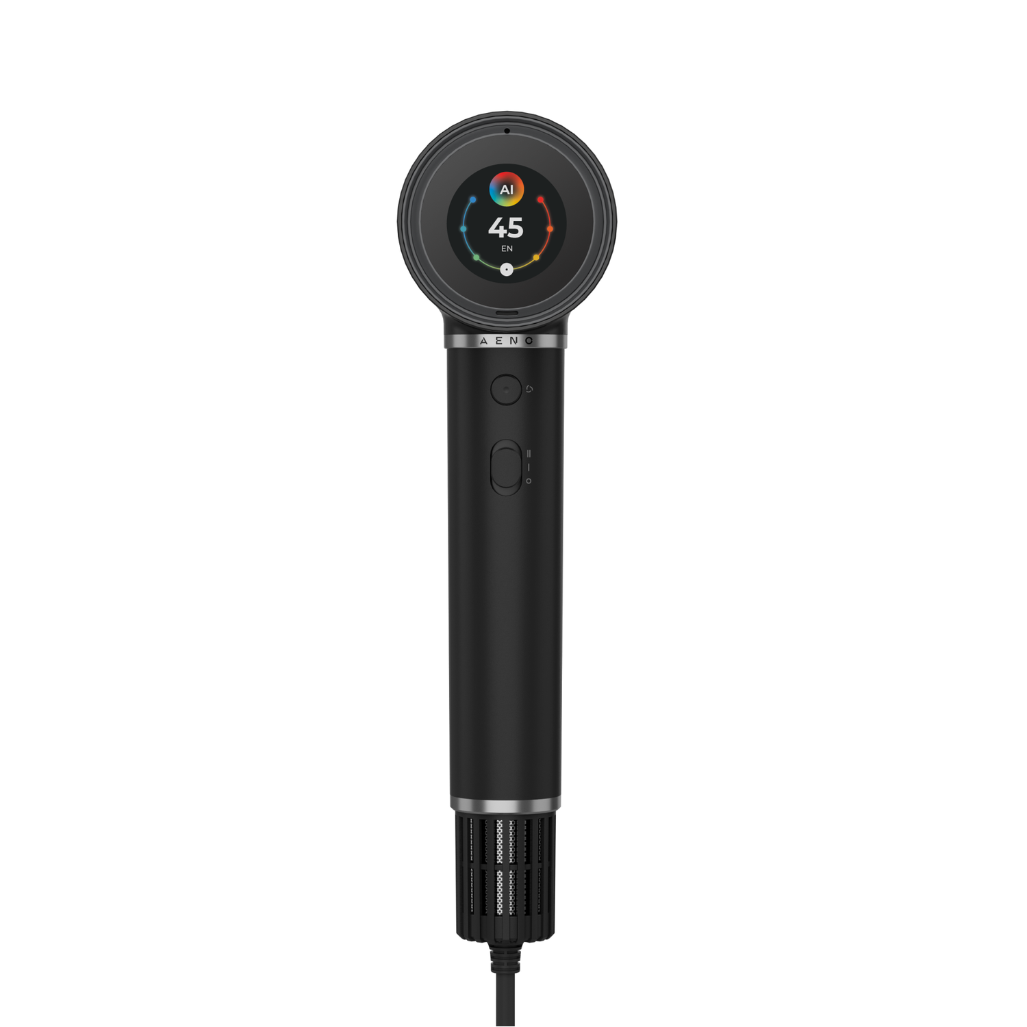 Black device with a circular top and a cylindrical body. The top displays a screen with numbers. A cable extends from the bottom.