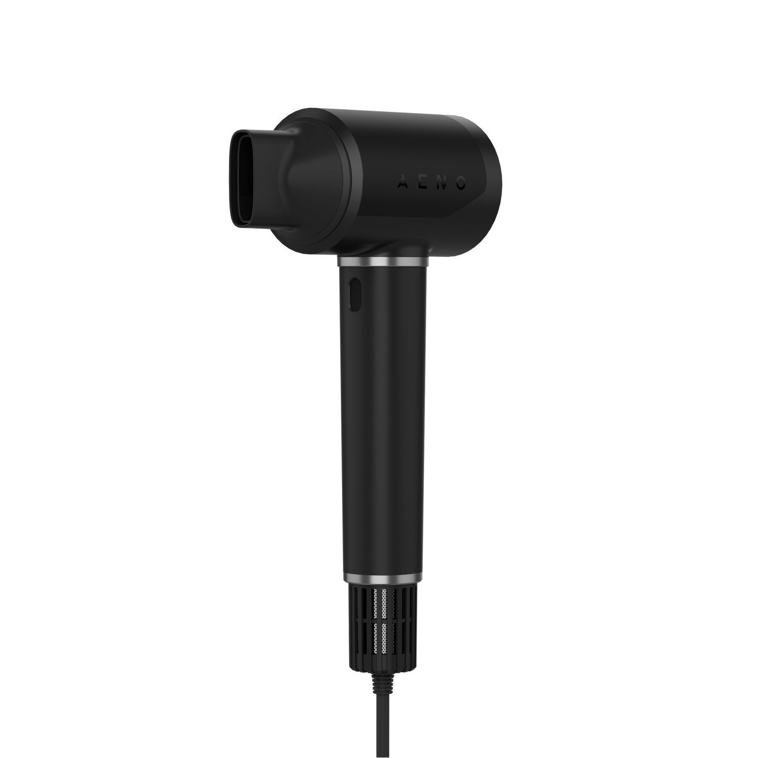 A black hair dryer with a long handle, nozzle, and the brand name "AENO" on the body, isolated on a white background.
