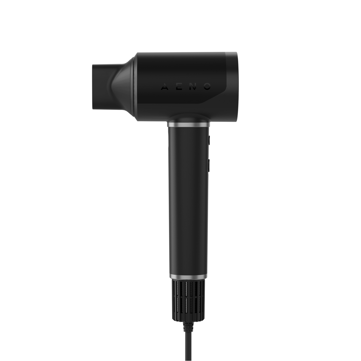 A black hair dryer with the word "AENO" on it. It's on a white background. The dryer has a nozzle, handle, and power cord.