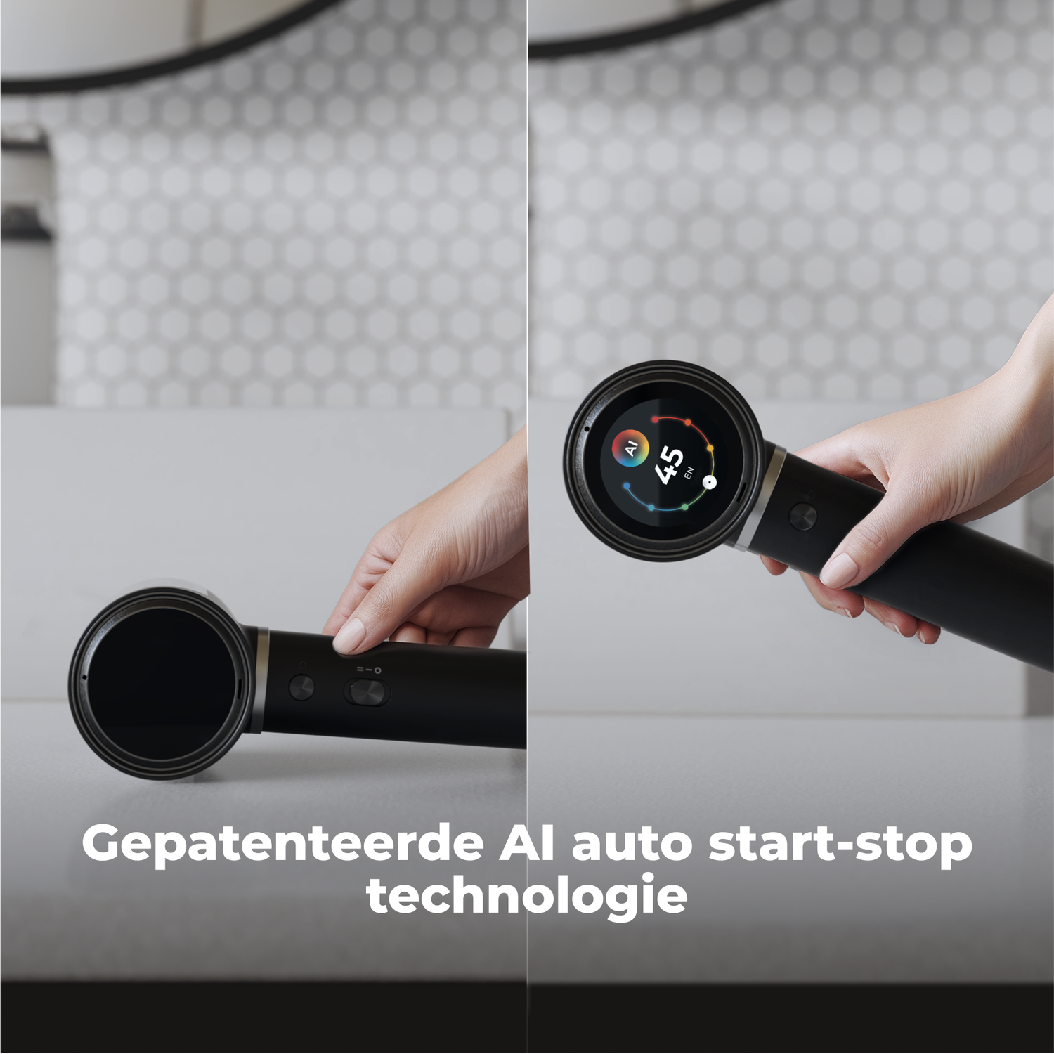 A black hair dryer is held by a person. It shows an AI interface with temperature readings. Text reads 'AI auto start-stop technology'.