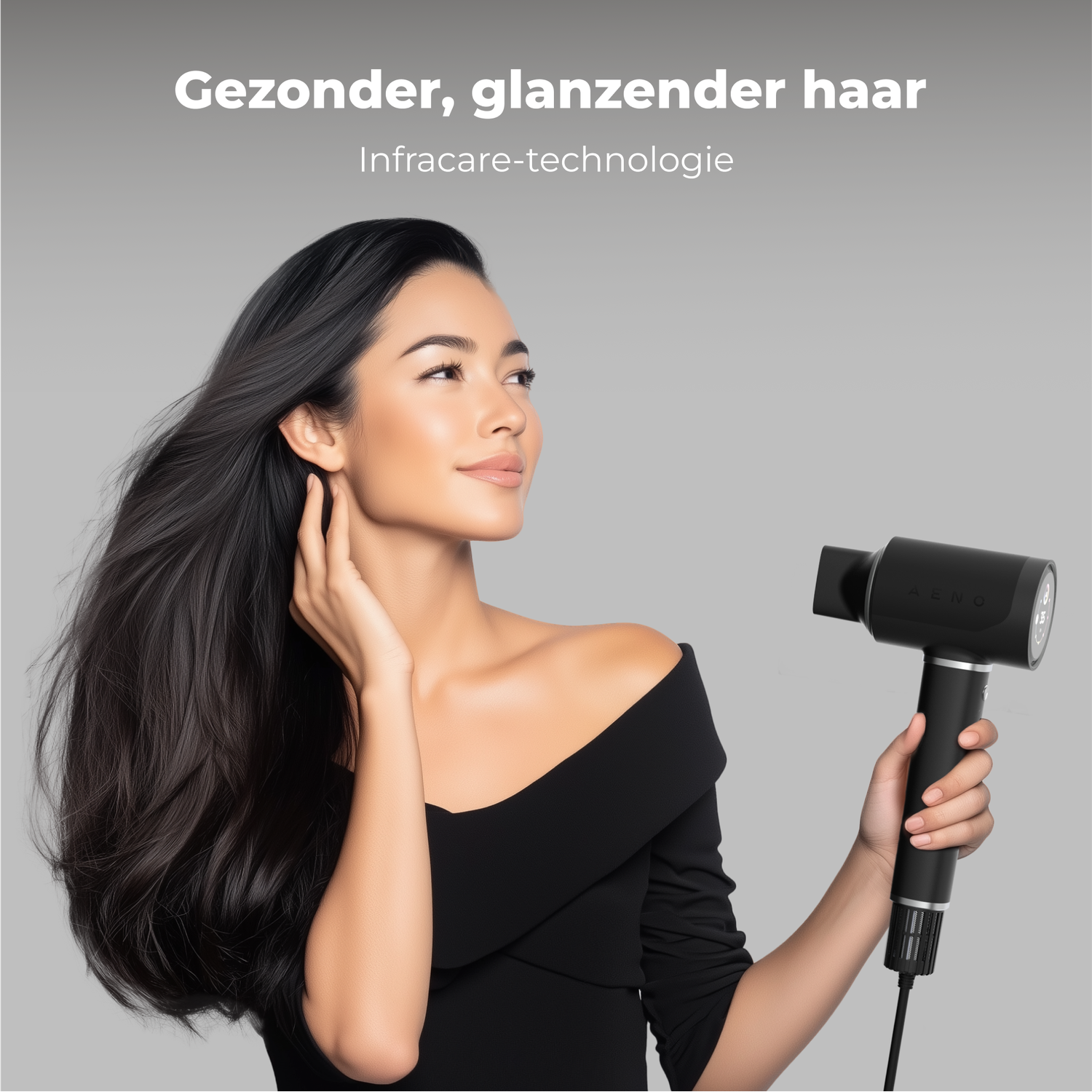 Woman with long, dark hair and black dress holding a black hair dryer. Text says 'healthier, shinier hair'.