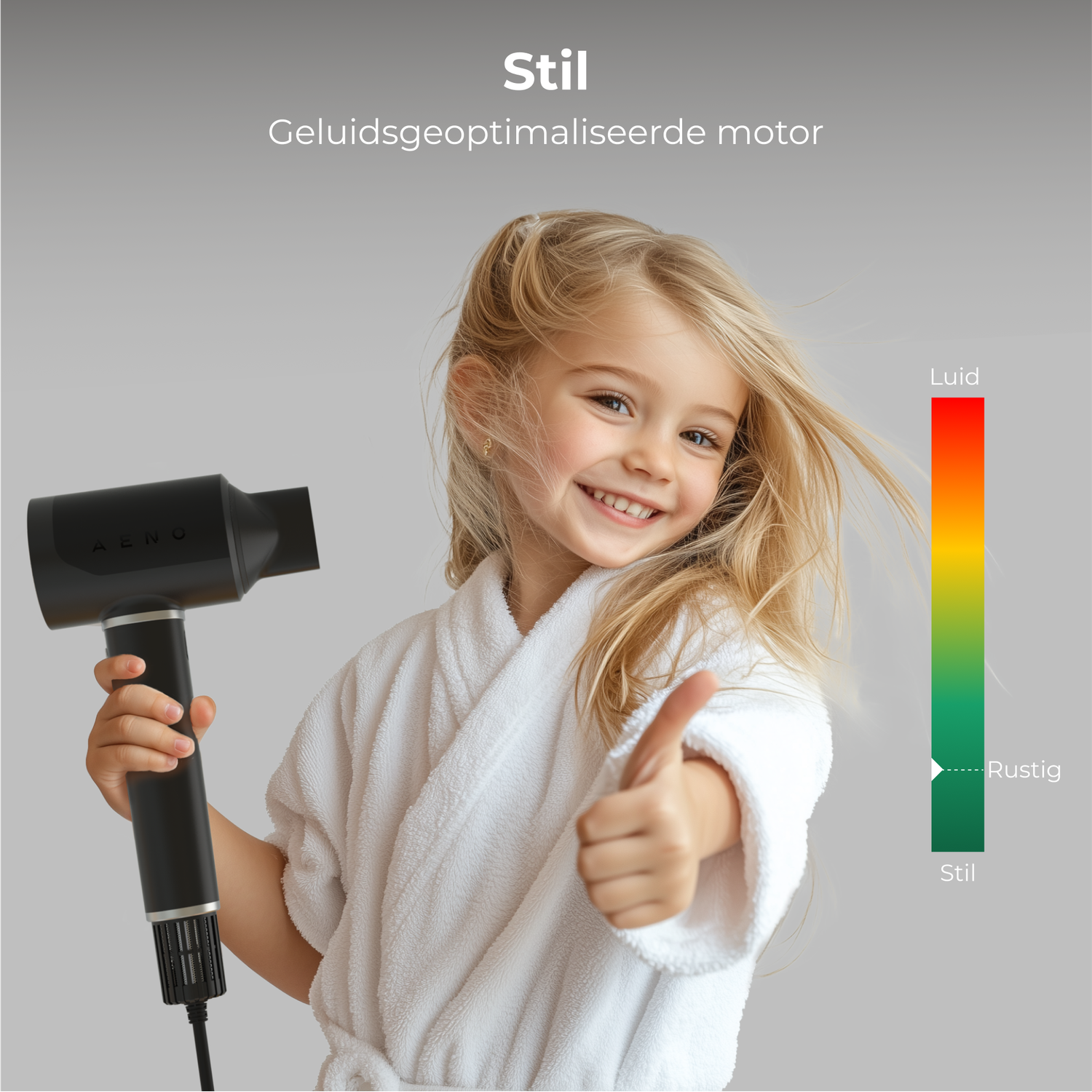 A young girl in a white robe holds a black hairdryer, giving a thumbs up. Text and a noise level indicator are in the background.