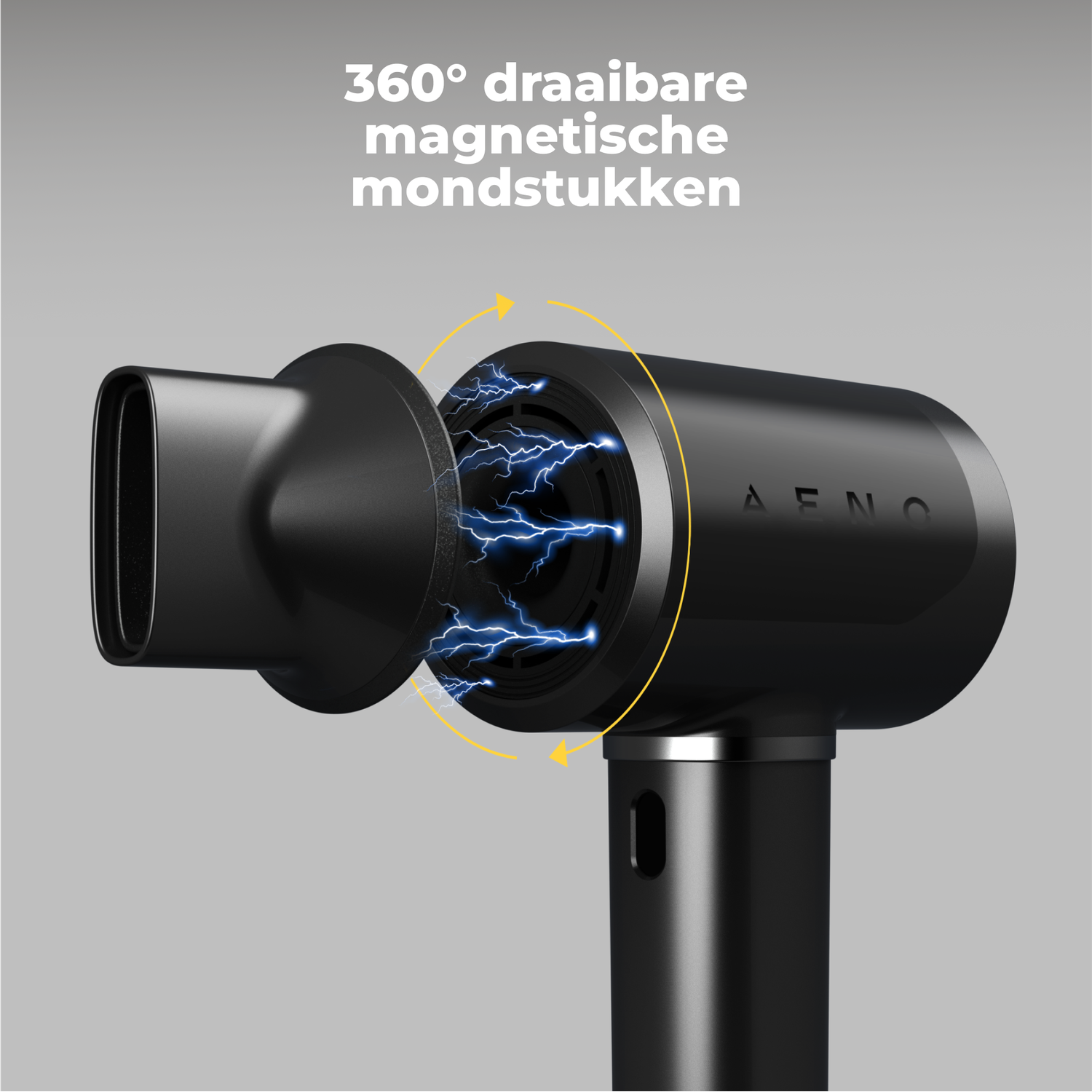 Black hair dryer with magnetic attachments. Blue sparks and yellow arrows indicate rotation. Text reads: 360° rotatable magnetic nozzles.