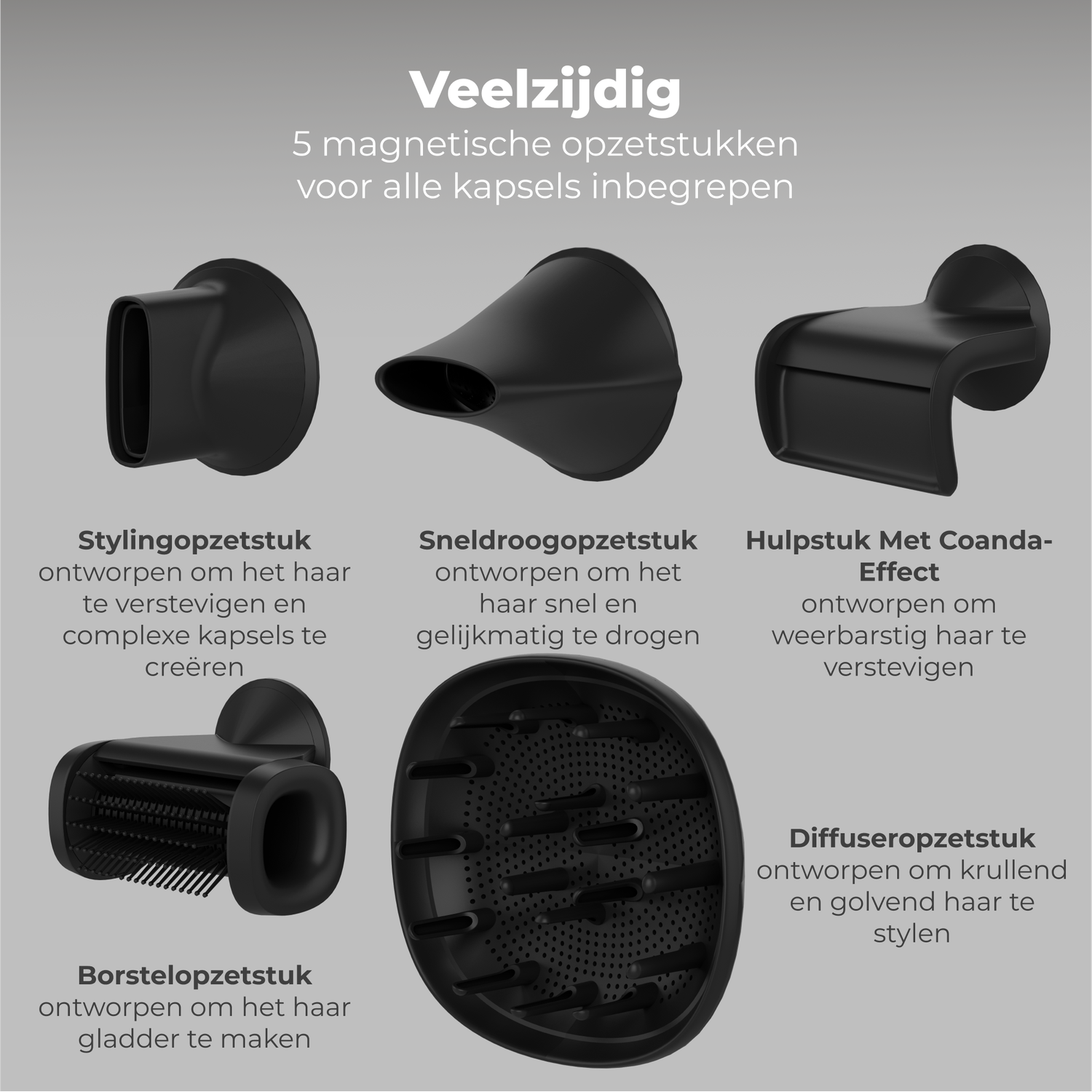 Five black hair dryer attachments are displayed, each with a unique shape and purpose, against a gray background.