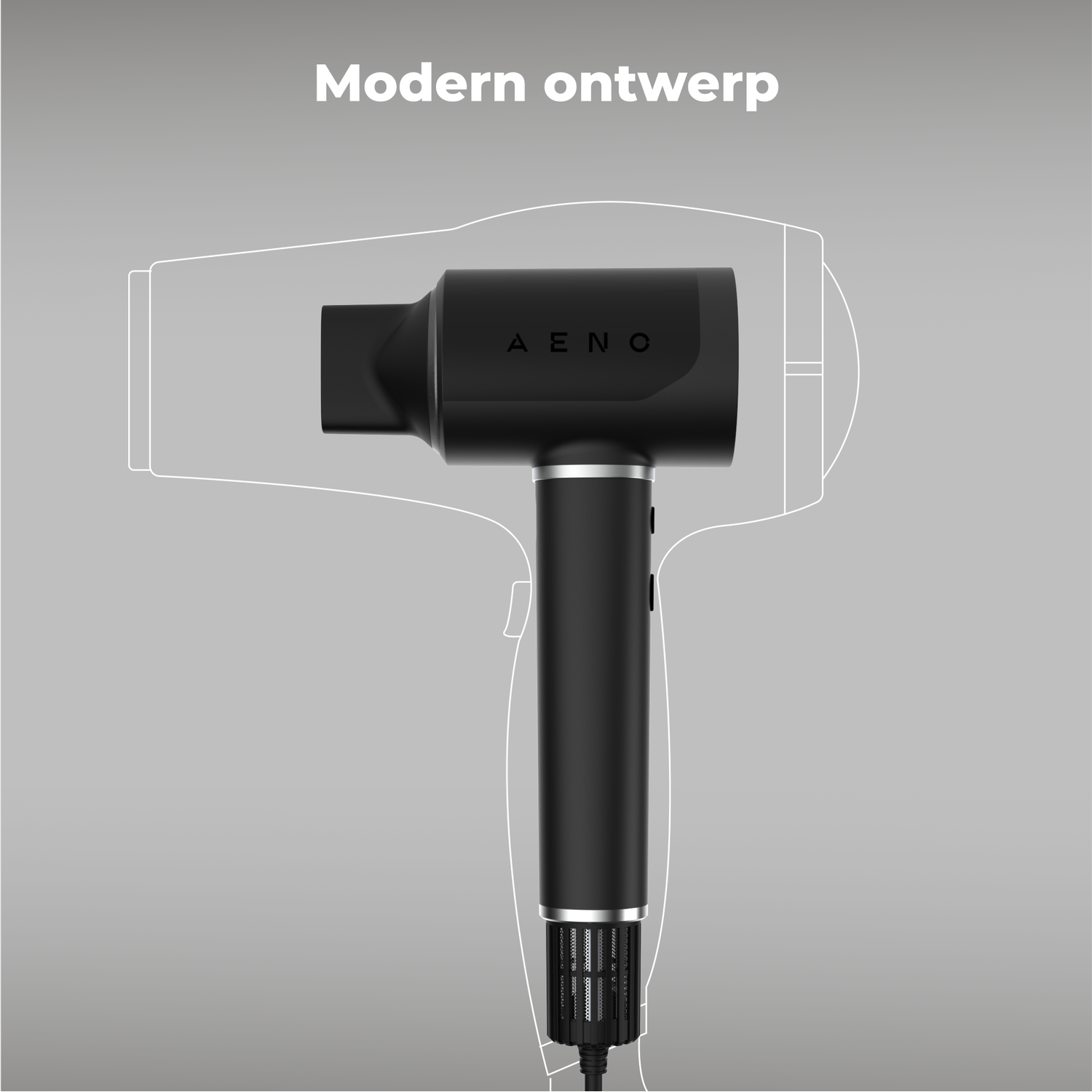 A black hair dryer with AENO brand name, on a grey background. Modern ontwerp text is at the top. A white outline of the dryer is visible.