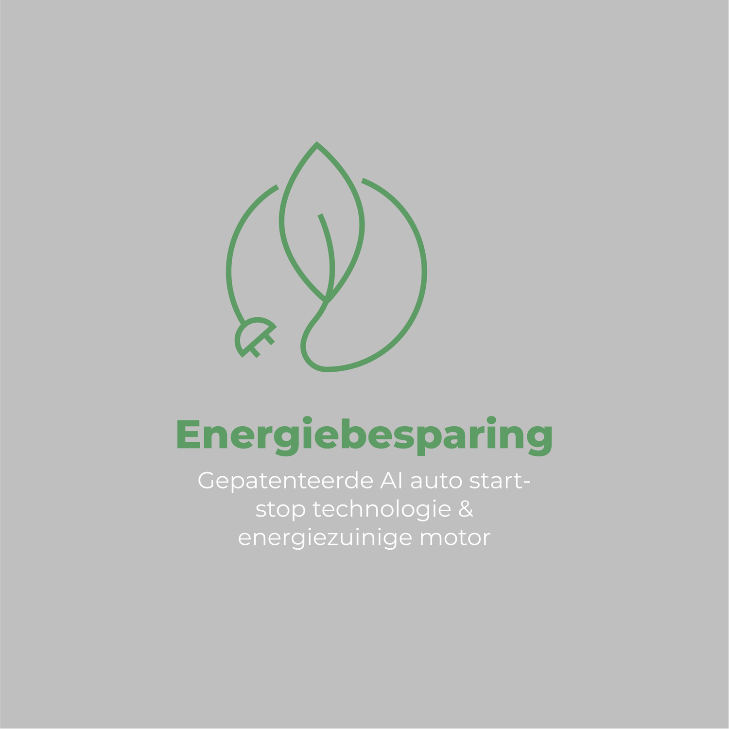 Green leaf and plug icon, gray background. Text reads 'Energiebesparing' and describes energy-saving technology.