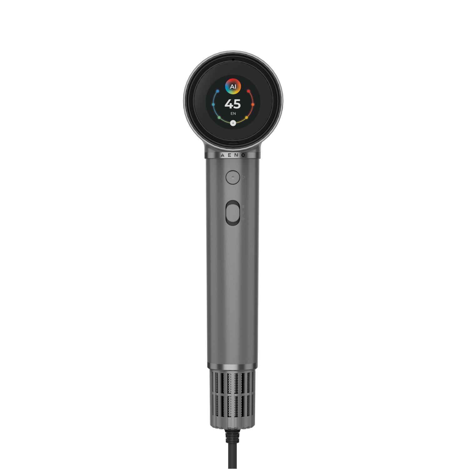 A handheld device with a circular screen displaying '45' and colorful indicators. It has a gray body, buttons, and a mesh-like base with a cable.