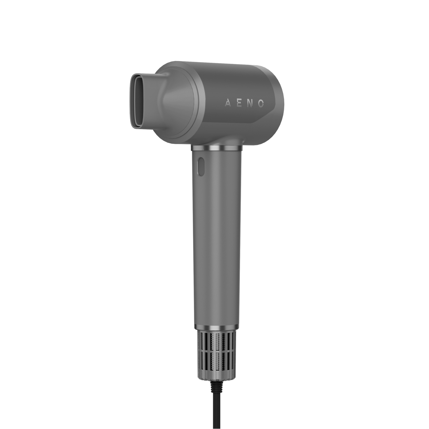 A gray hair dryer on a white background. The dryer has the word "AENO" on it.