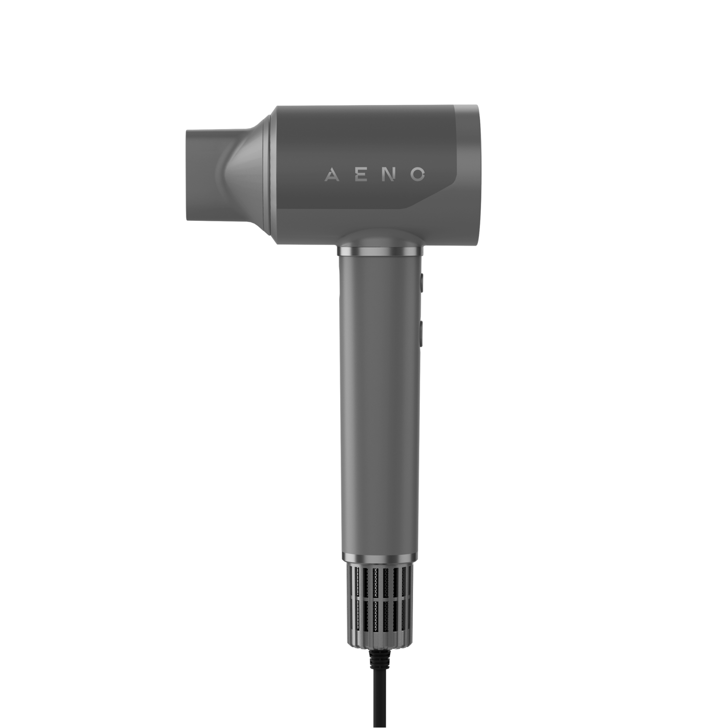 A gray hair dryer, labeled 'AENO', on a white background. The dryer has a nozzle, handle, and cord. It is a studio shot.