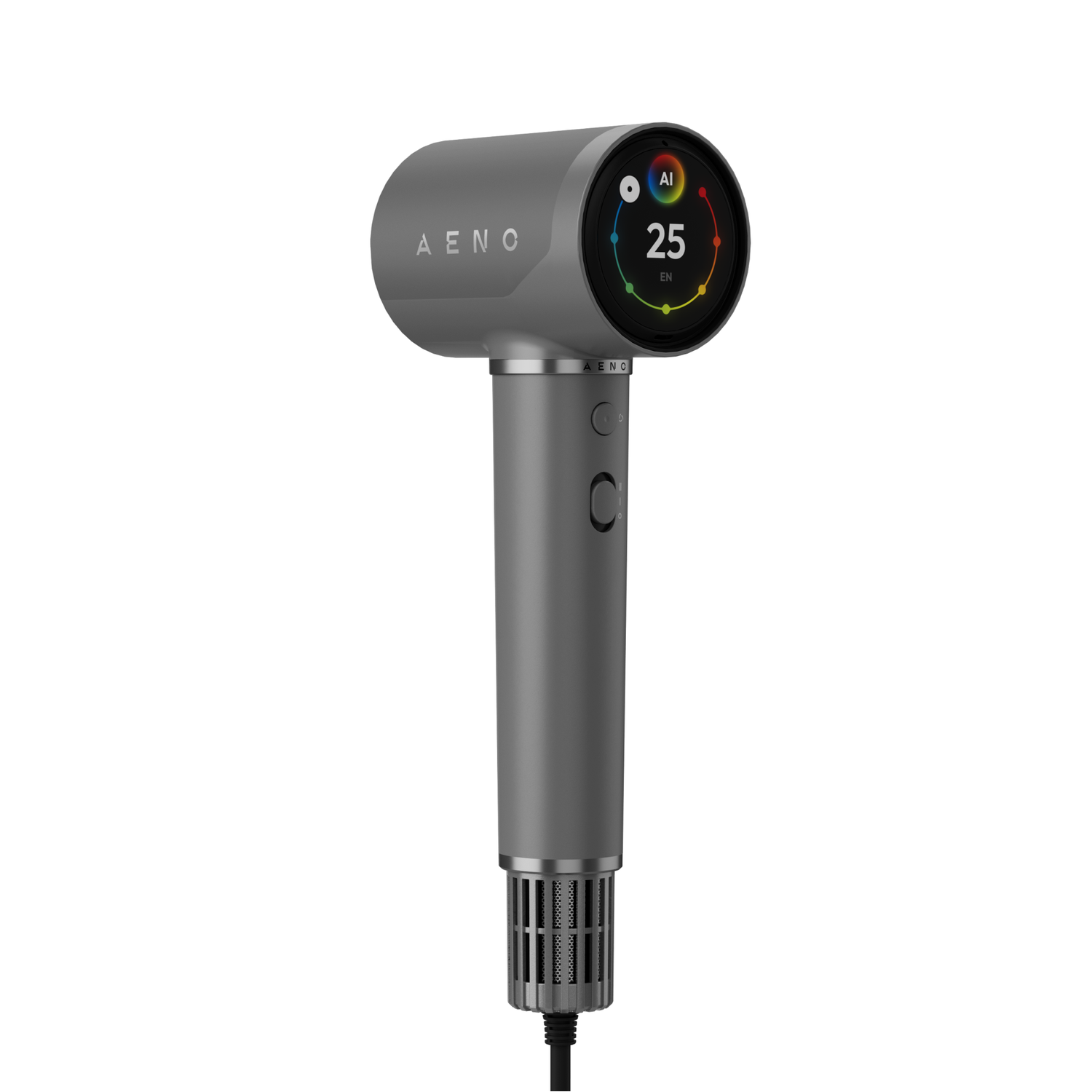 A gray hair dryer with a digital display showing '25' and a color gradient. Has the brand name 'AENO'.