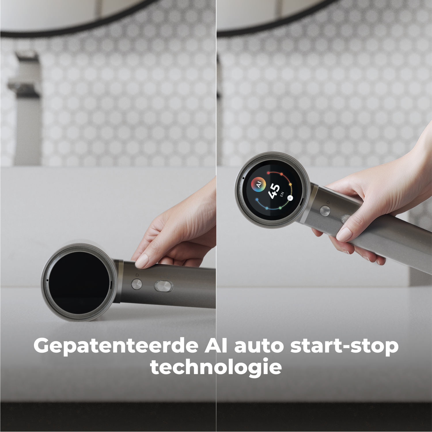 Hands holding a gray hair dryer. The dryer has a digital display showing settings. Text below says AI auto start-stop technology.