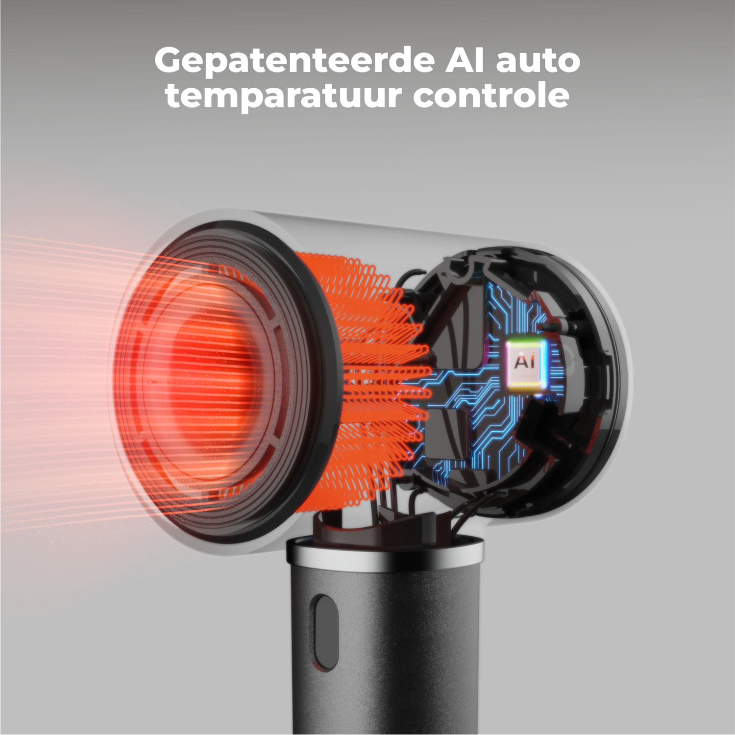 Diagram of a device with internal components. It shows a red heating element, AI chip, and a gray handle. Text at the top.