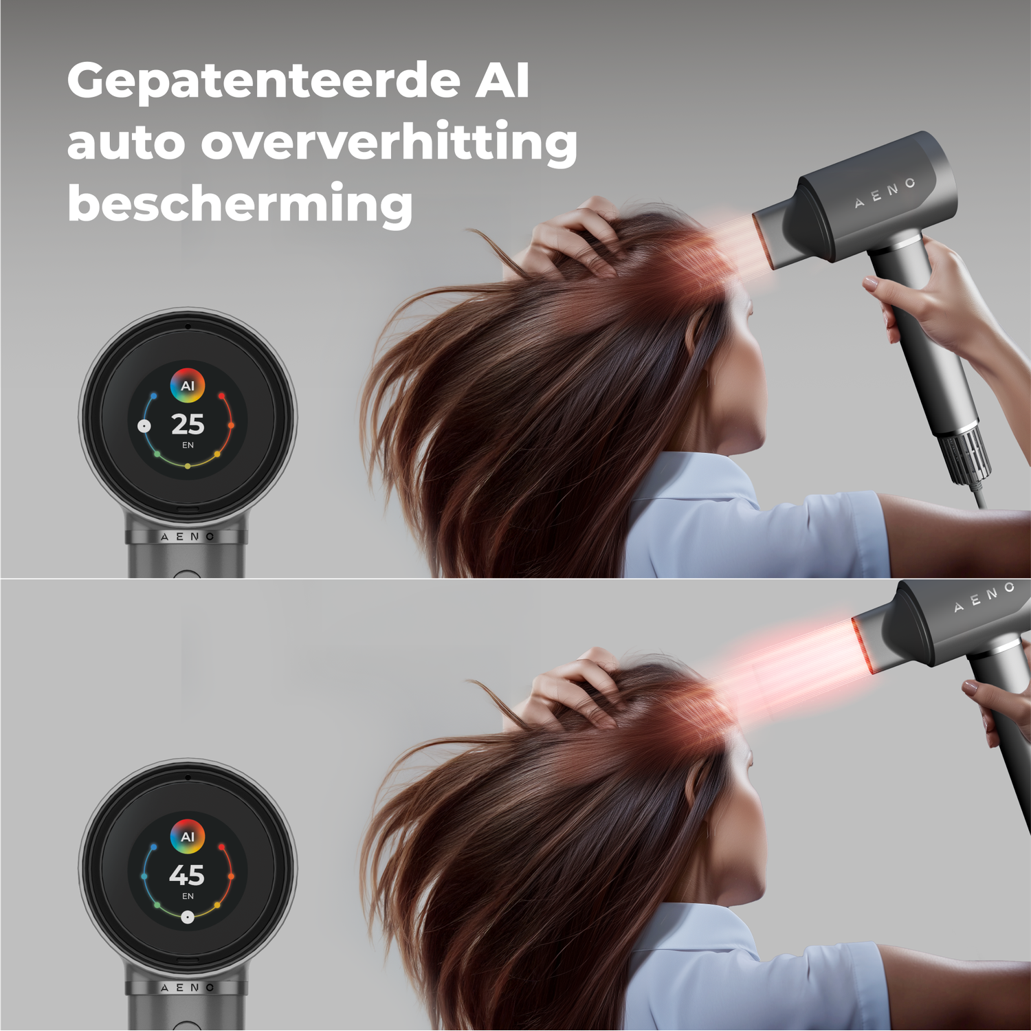 Woman drying hair with a black AENO hairdryer. Display shows 25 then 45 degrees. Text: Patented AI auto overheating protection.