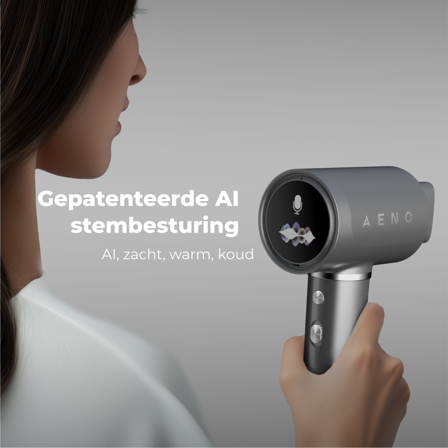 A woman holds a gray hair dryer with a screen displaying a microphone icon. Text says 'AI voice control'.