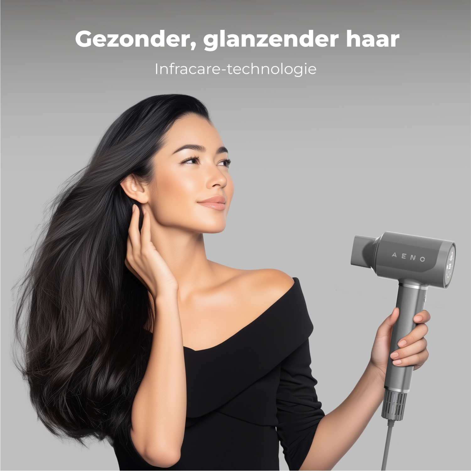 A woman with long black hair holds a grey hair dryer. Text says: Healthier, shinier hair. Infracare technology.