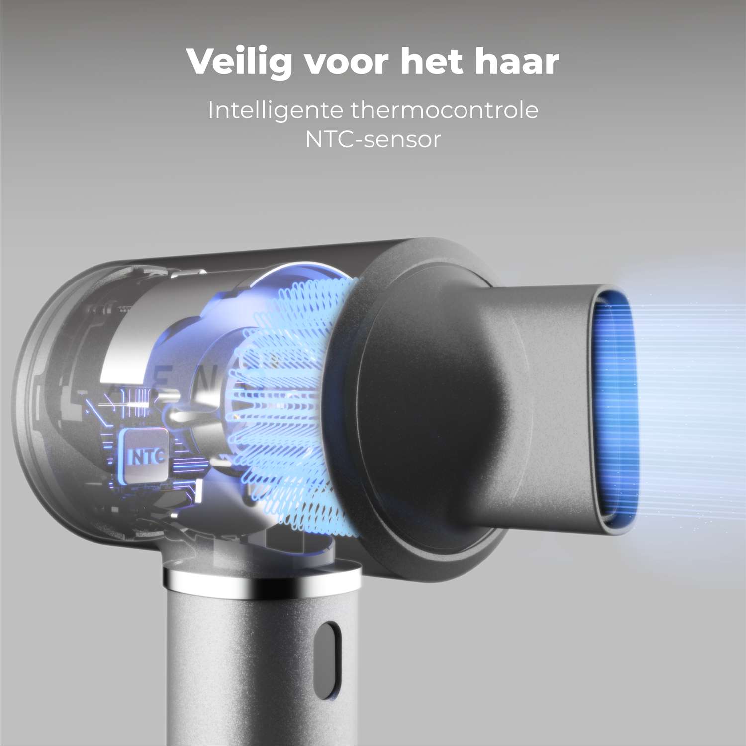 Hair dryer with a gray body, transparent section showing internal components, and blue air flow. Text: 'Veilig voor het haar'.