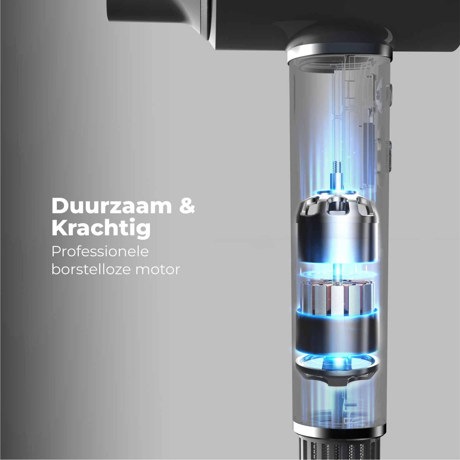 A cutaway view of a hair dryer shows the internal components, including a motor. Text reads 'Durable & Powerful' and 'Professional brushless motor'.