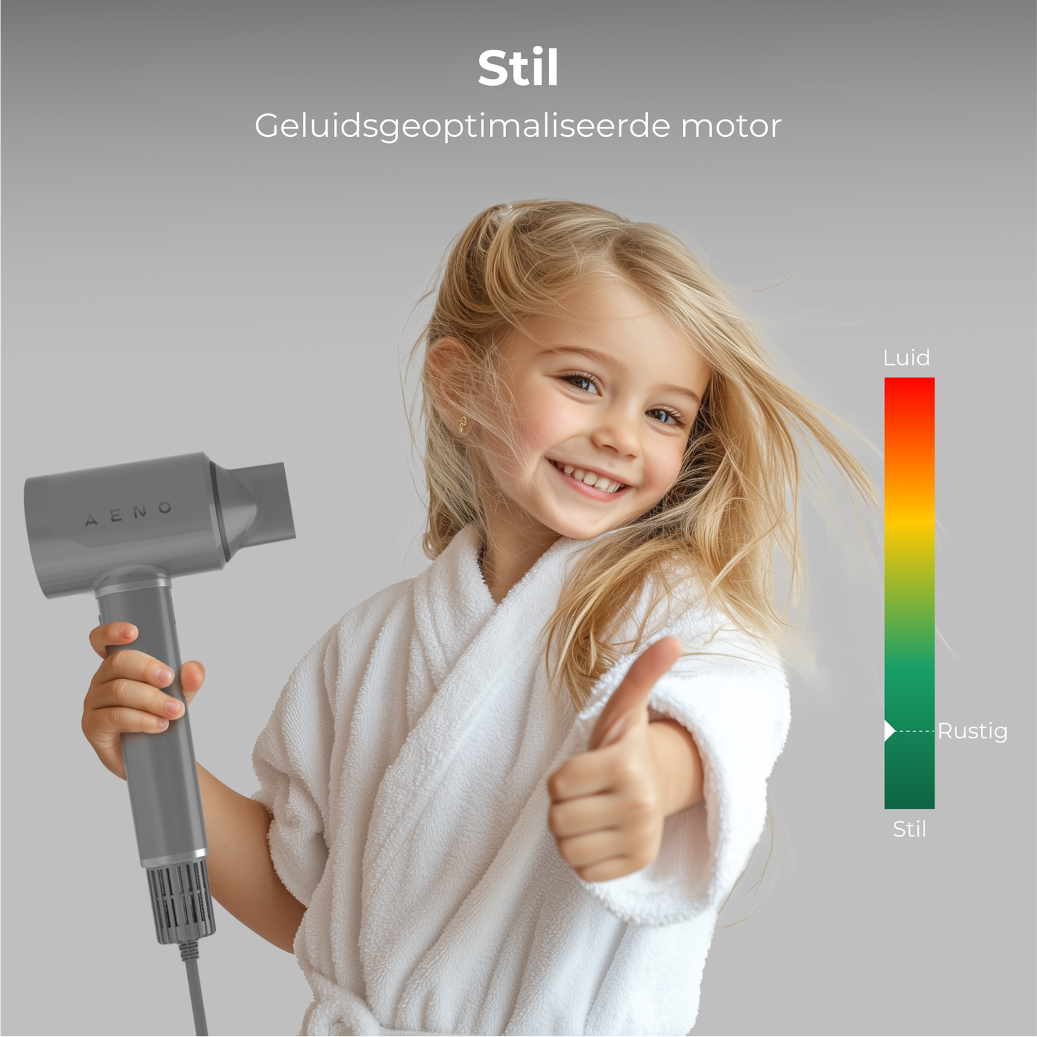 A girl in a white robe holds a gray hairdryer, giving a thumbs-up. A gradient scale shows noise levels from quiet to loud.