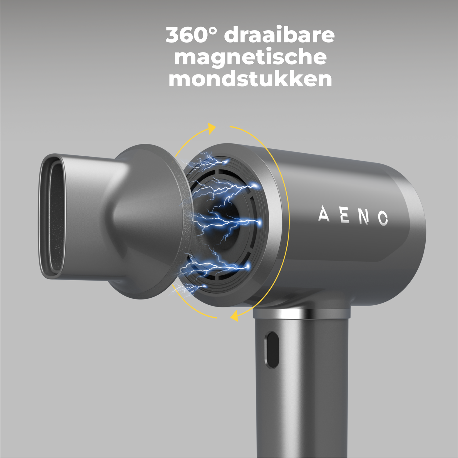 A gray hair dryer with magnetic attachments. Electric arcs are shown. Text says: 360° rotating magnetic nozzles.