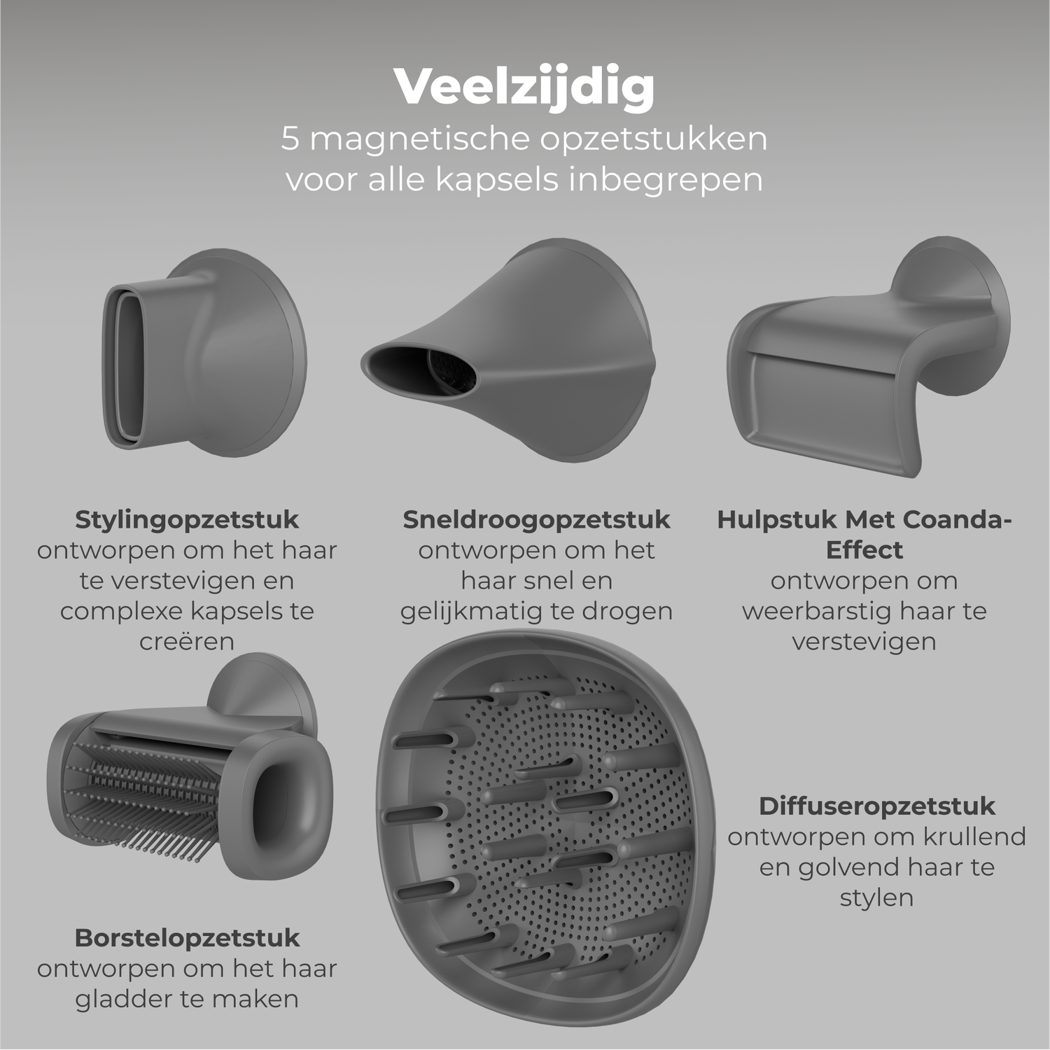 Image shows 5 hair dryer attachments. Descriptions in Dutch detail each: styling, quick-dry, Coanda-effect, brush, and diffuser attachments.