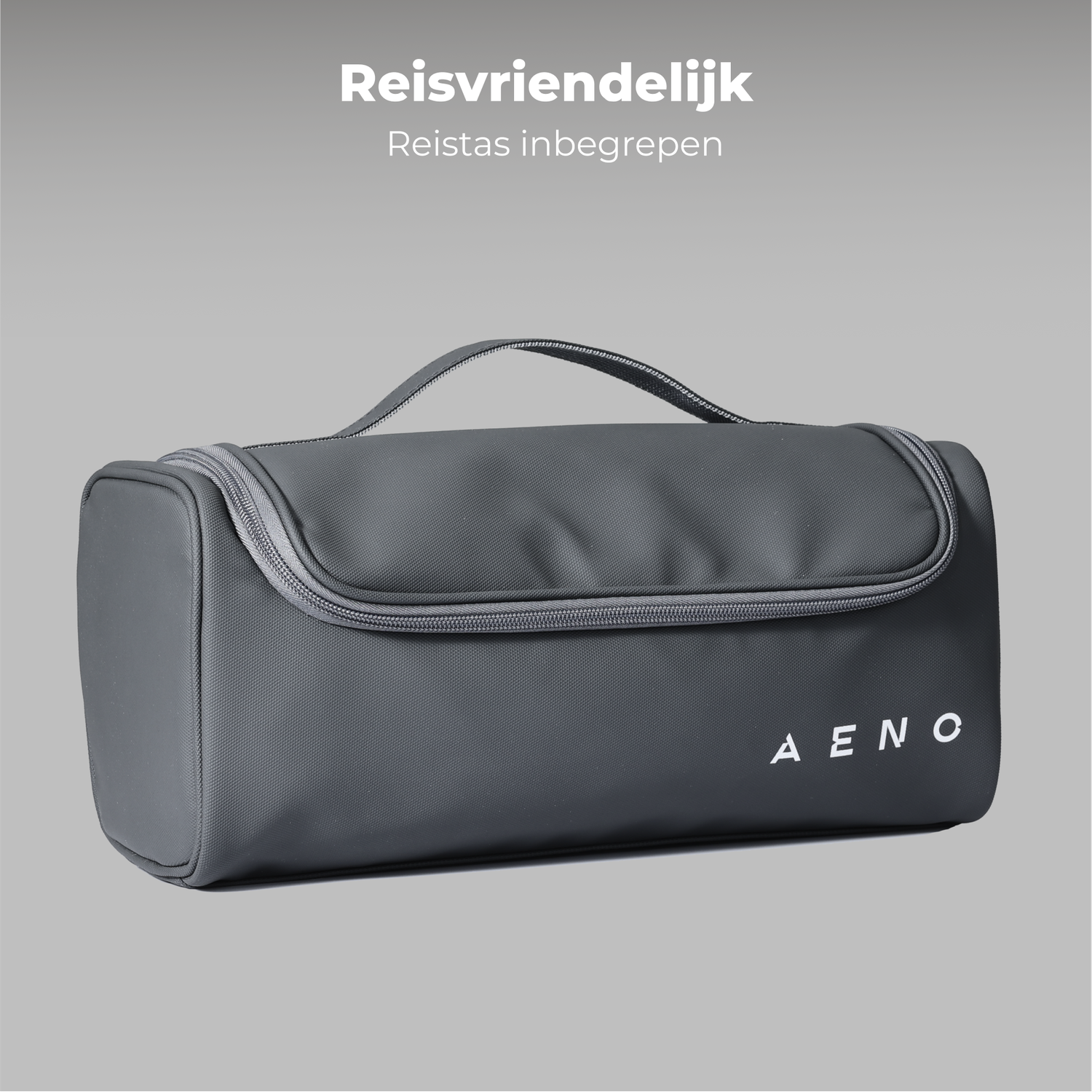 A gray toiletry bag with a handle and the word 'AENO' on it. The background is a light gray color with text on top.