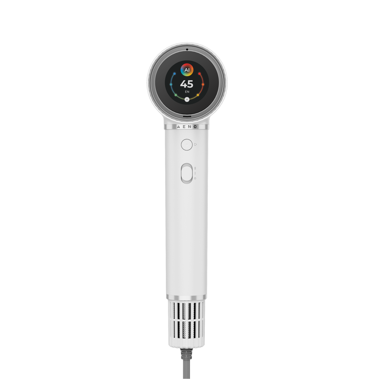 A white handheld device with a circular display showing '45' and 'EN'. It has buttons and a mesh bottom. A grey cable is attached.