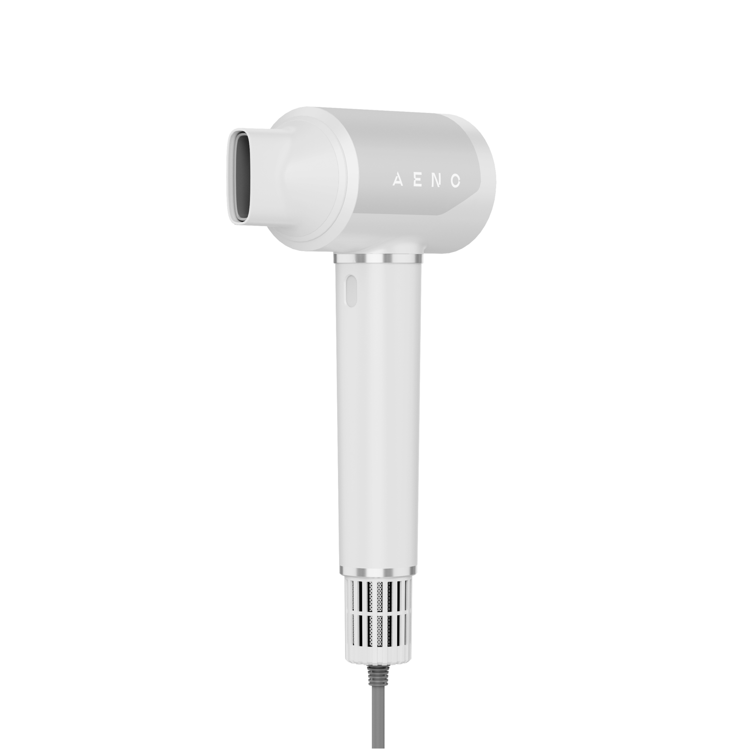 A white and gray hair dryer on a white background. It has the word AENO on it.