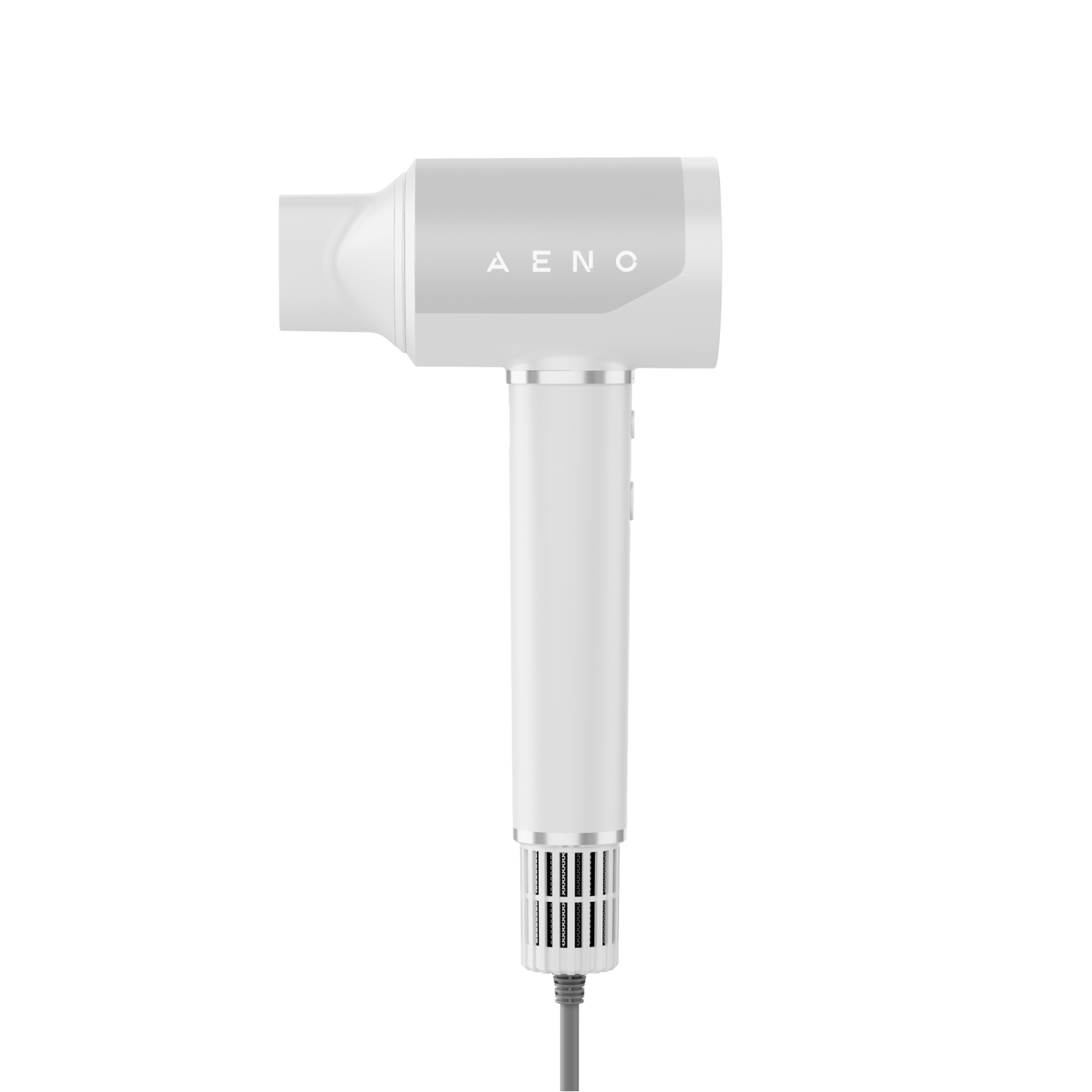 A white and grey hair dryer on a white background. It has the word AENO on it. A grey cable is connected to the base.