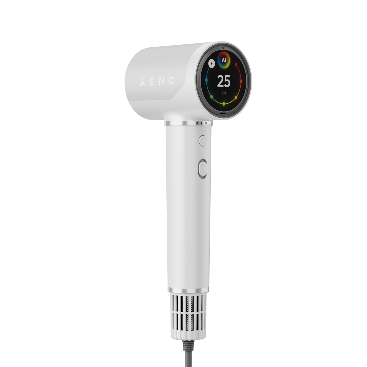 A white hair dryer with a digital display showing '25' and 'EN'. The dryer has the brand name 'AENO' on it.