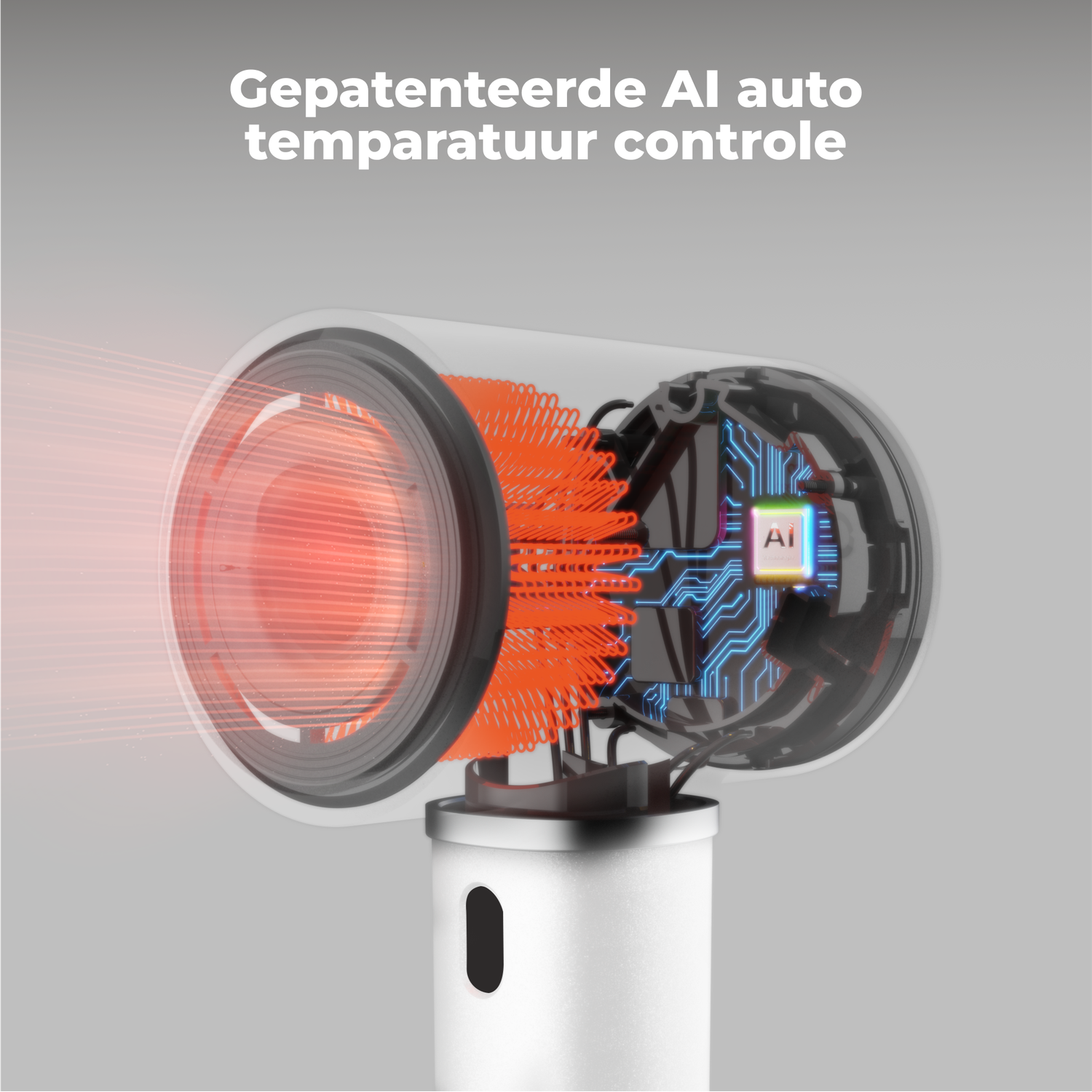 Diagram of a white device with a transparent top, showing internal components. Text: Patented AI auto temperature control.