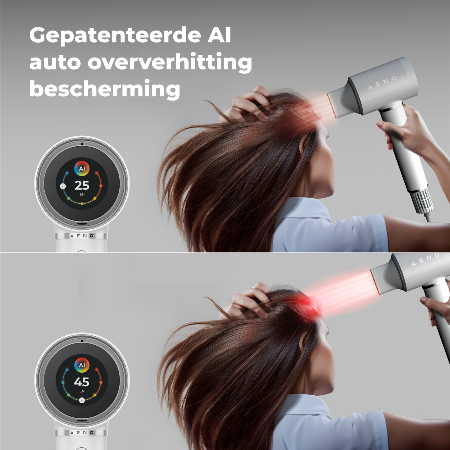 Woman using a hair dryer. The dryer's display shows 25 and then 45. The dryer emits red light onto the hair.