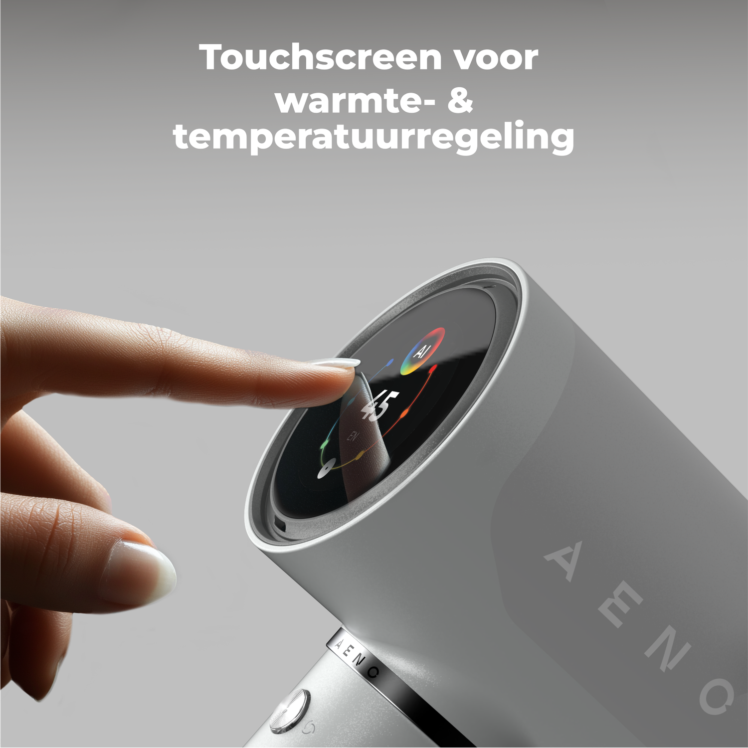 A finger touches a screen, showing temperature controls. The device is white with the brand name AENO. Text above says touchscreen for temperature control.