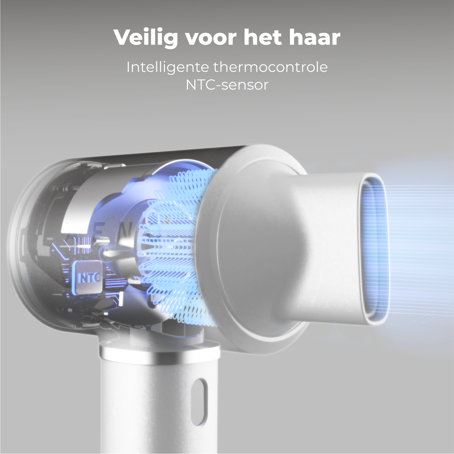 Close-up of a hair dryer with internal components visible. Text reads 'Safe for hair'. Light blue airflow shown. Gray background.