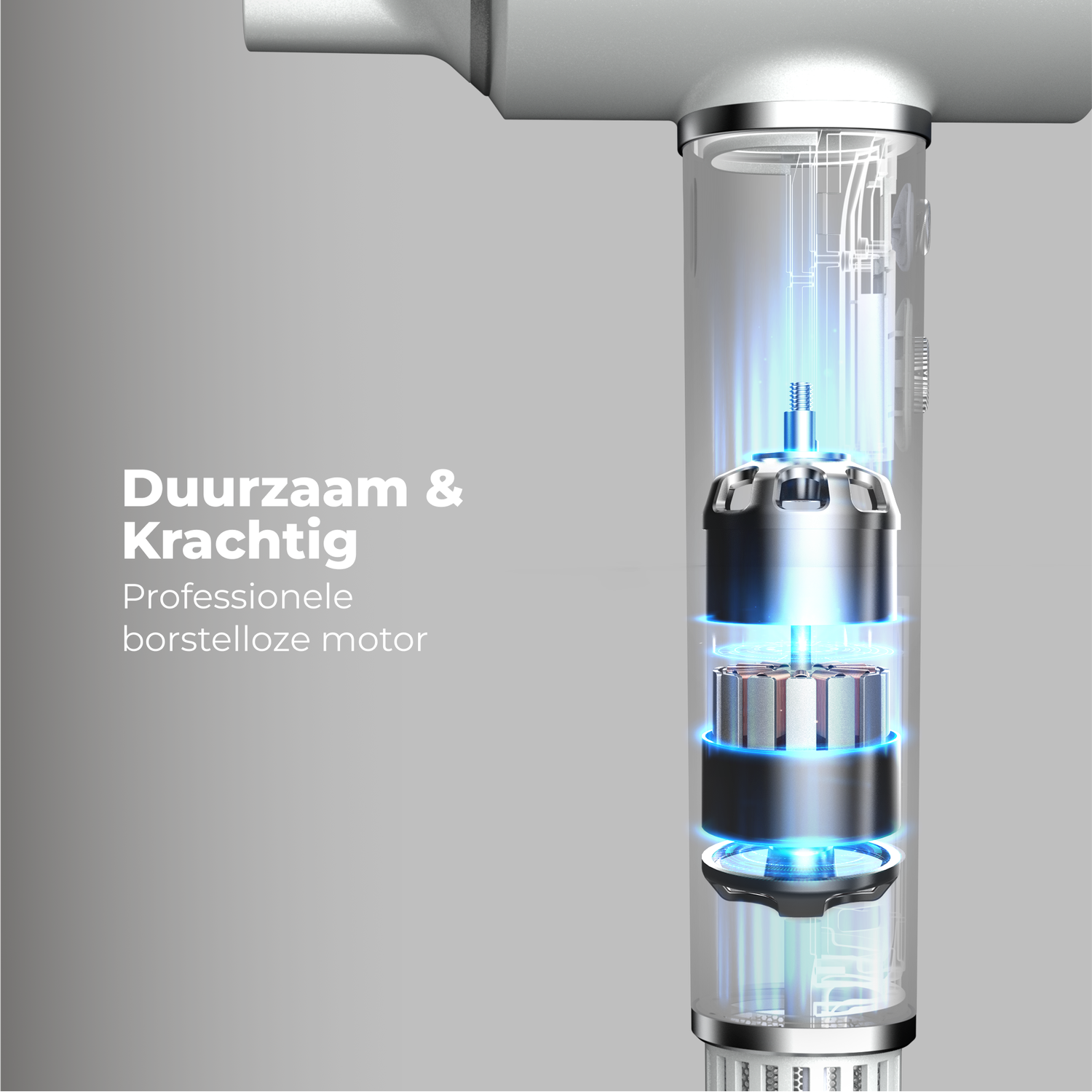 Anatomy of a motor. Transparent casing reveals internal components with blue highlights. Text: Durable & Powerful, Professional brushless motor.