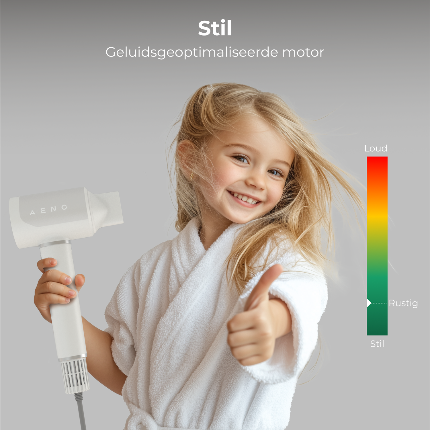 A young girl in a white robe holds a white hairdryer, giving a thumbs up. Text indicates a quiet motor. Color gradient shows noise levels.